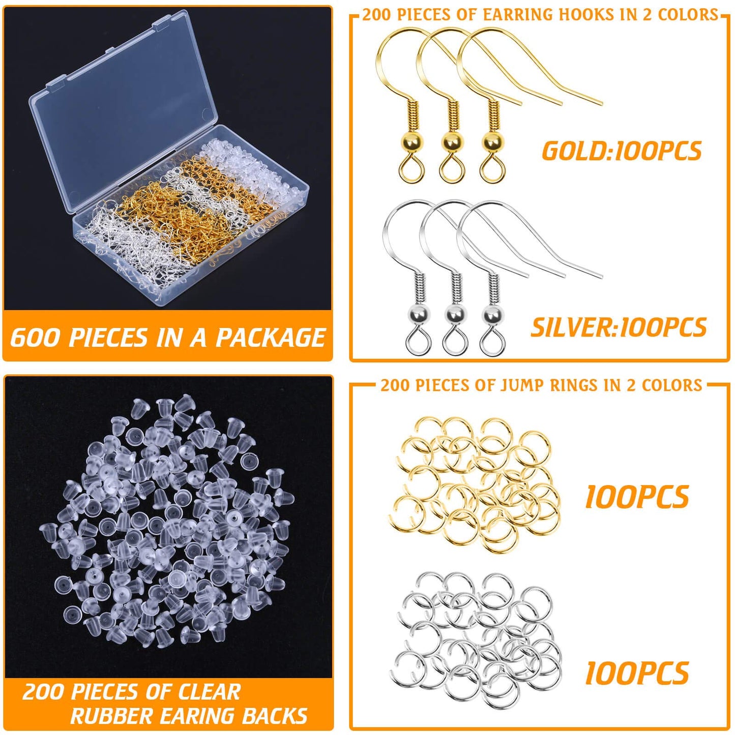 Hypoallergenic Earring Hooks, 600Pcs Earring Making Kit with Hypoallergenic Earring Hooks, Jump Rings and Clear Rubber Earring Backs for DIY Jewelry Making (Silver and Gold)