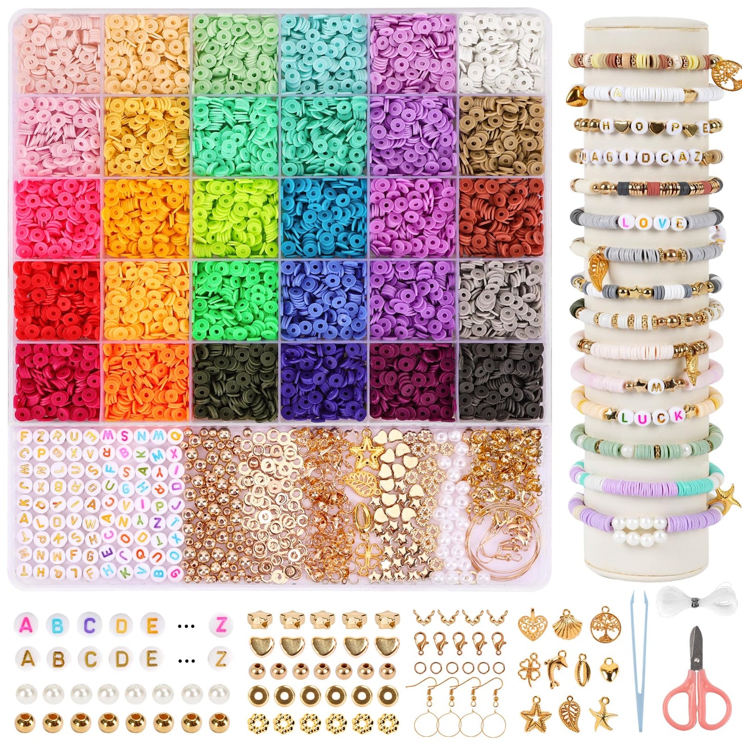 8200pcs Clay Beads Bracelet Making Kit, 30 Colors Flat Preppy for Friendship Bracelets, Polymer Heishi Beads with Charms for Jewelry Making, Holiday Crafts Gift for Teen Girls Adults