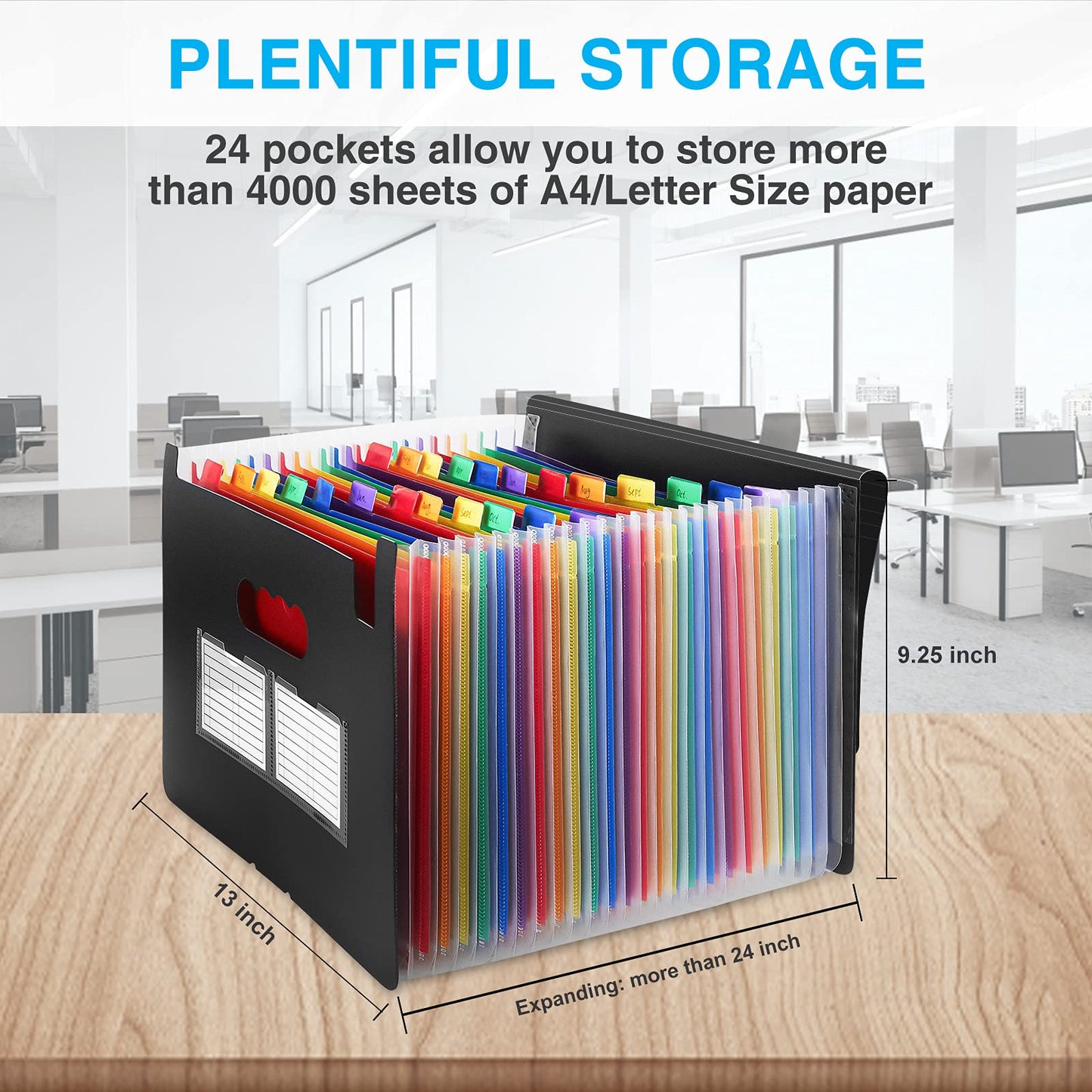 24 Pockets Expanding File Folder with Blank Labels, According File Organizer with Expandable Cover, Desktop Accordion Folders Letter A4 Paper Document Storage Organizer, Black