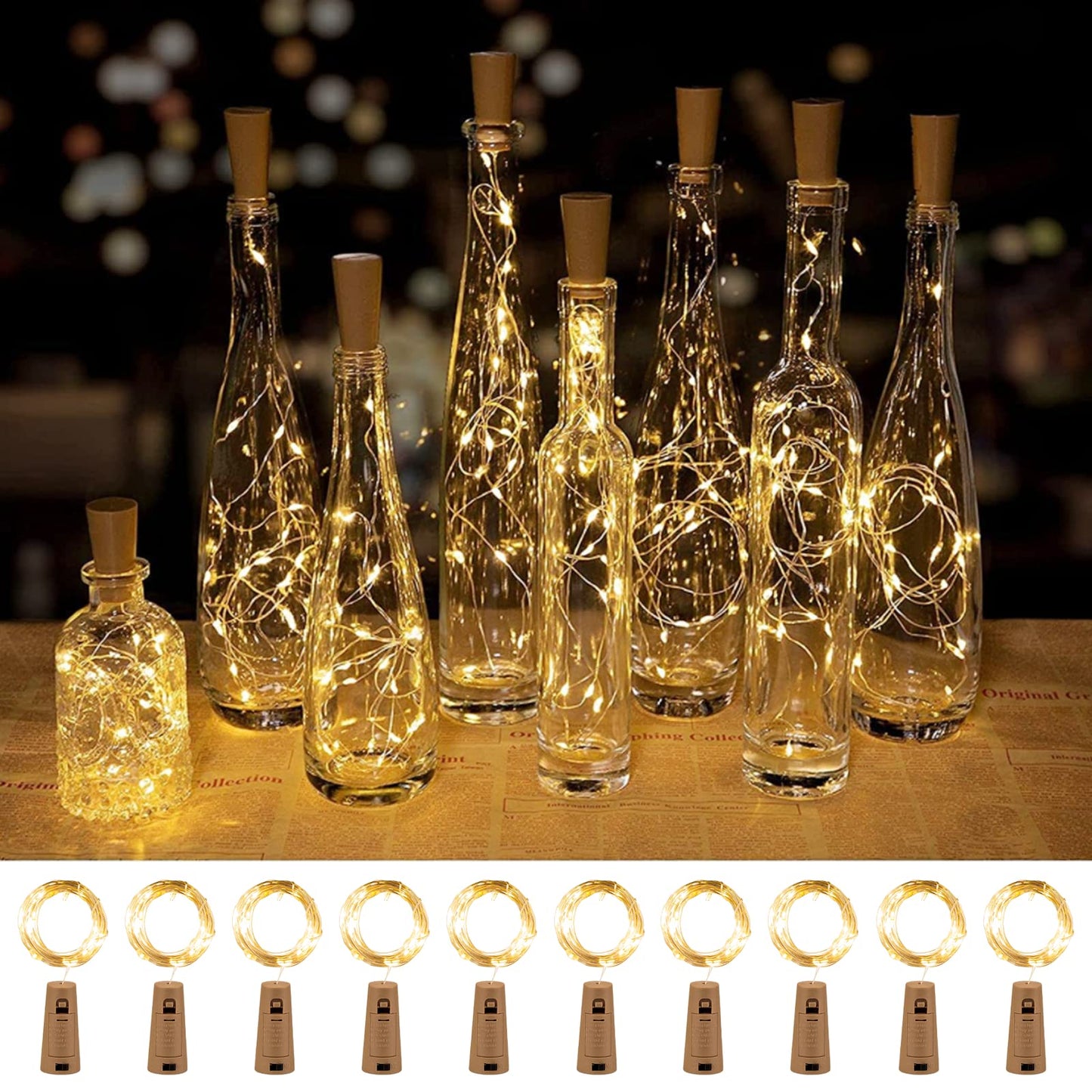 Wine Bottle Lights with Cork, 10 Pack 20 LED Waterproof Battery Operated Cork Lights, Silver Wire Mini Fairy Lights for Liquor Bottles DIY Party Bar Christmas Wedding Décor