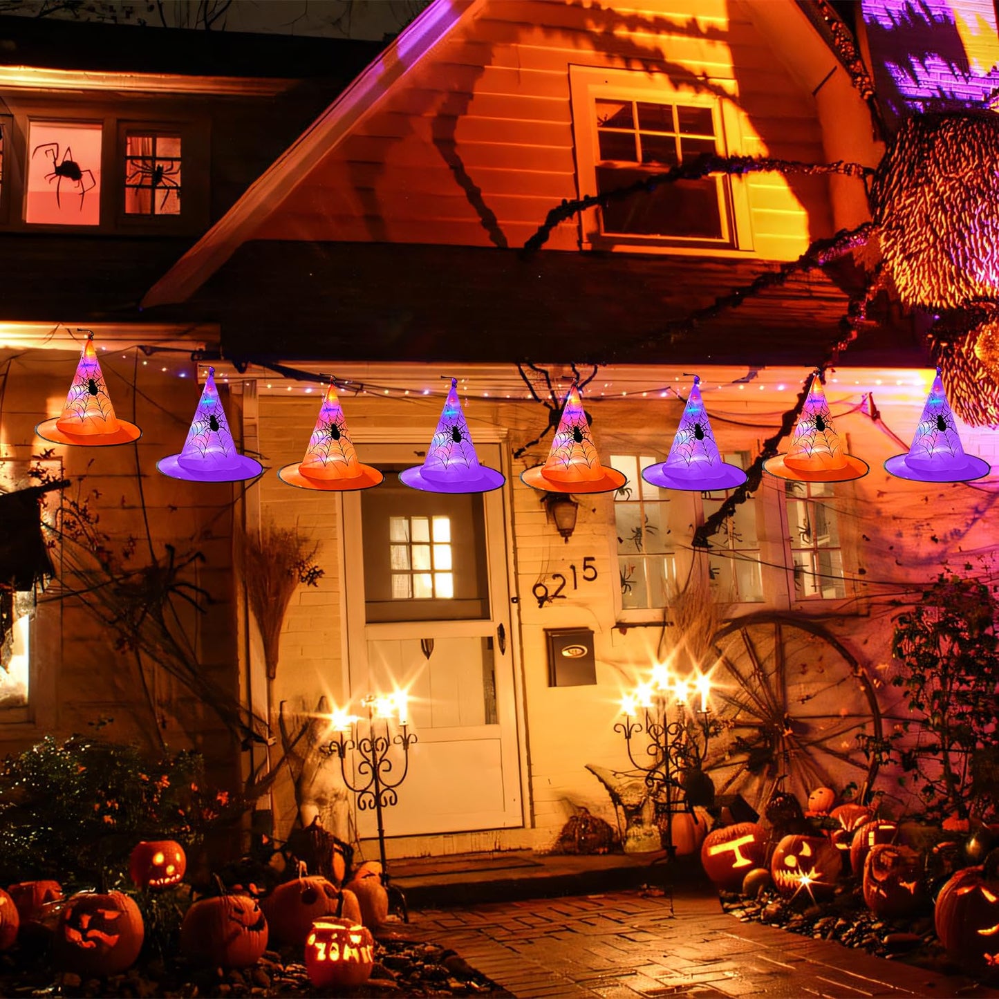 Halloween Decorations 8 Pcs Lighted Hanging Witch Hats, 14ft 56 LEDs Halloween Indoor Outdoor Remote Control String Lights, Battery Powered with 8 Lighting Modes for Garden, Yard, Tree