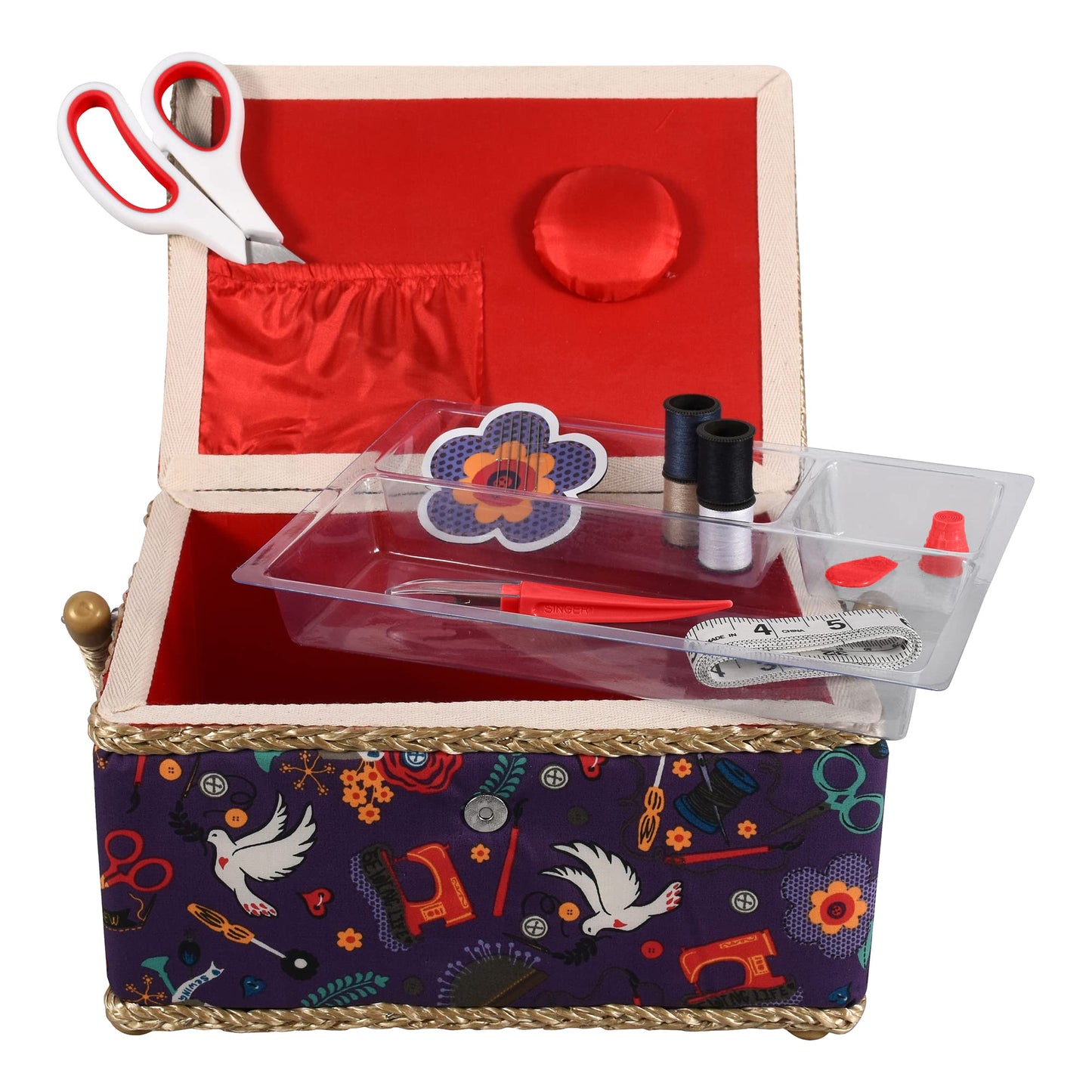 Sewing Basket with Sewing Kit, Needles, Thread, Scissors, and Notions- Purple