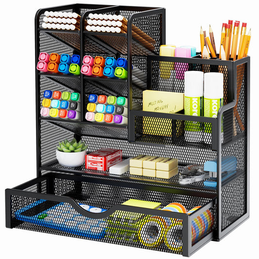 Mesh Pen Holder for Desk, Multi-Functional Pencil Organizer with Drawer, Desk Organizers and Accessories for Office Art Supplies (Black)