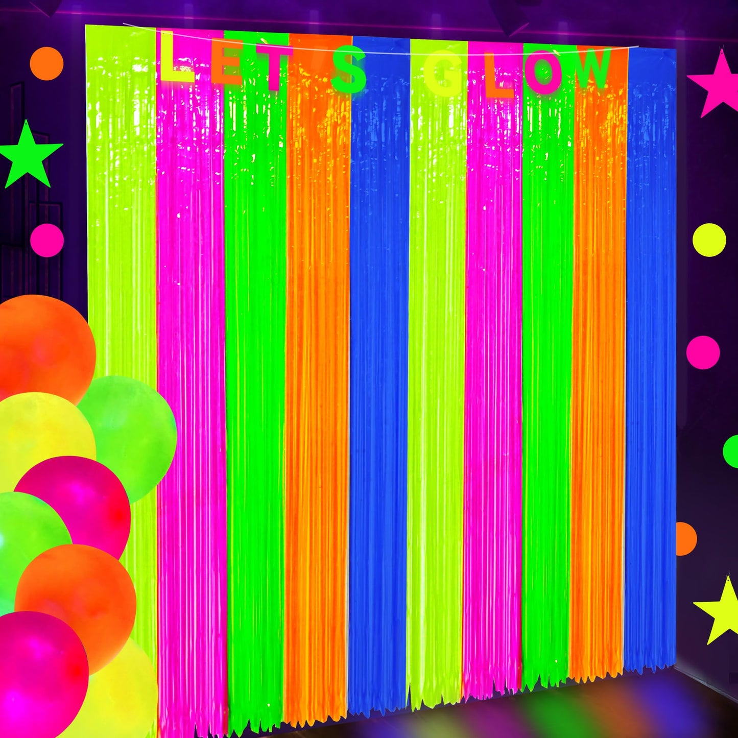 2 Pack Neon Foil Fringe Curtains Glow in The Dark Tinsel Streamers Fluorescent Macaron Foil Fringe Backdrop Neon Party Photo Booth Prop for Glow Birthday Wedding Blacklight Party Decor, 3.3 x 6.6 Ft
