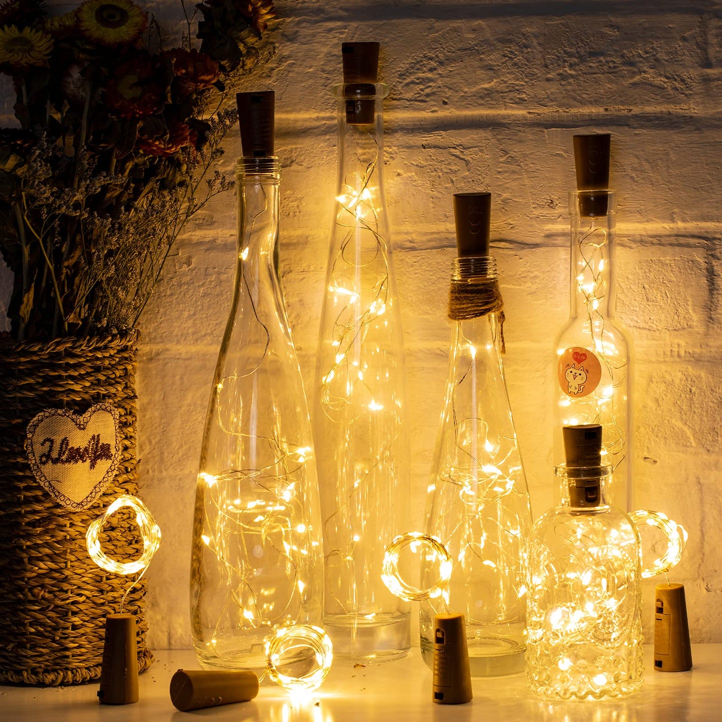 Wine Bottle Lights with Cork, 10 Pack 20 LED Waterproof Battery Operated Cork Lights, Silver Wire Mini Fairy Lights for Liquor Bottles DIY Party Bar Christmas Wedding Décor