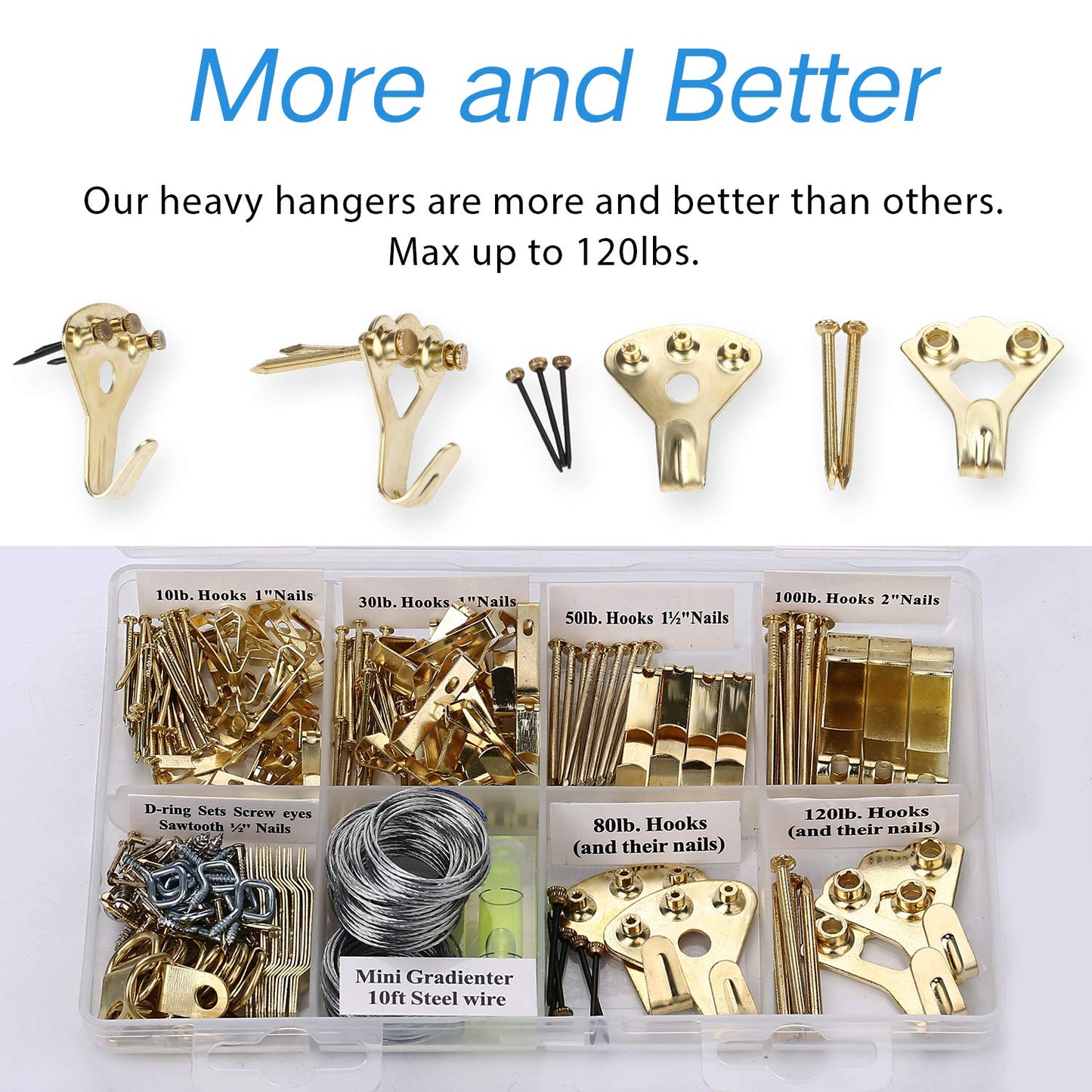 Picture Hangers, Picture Hanging Kit, 225pcs Heavy Duty Frame Hooks Hardware with Nails, Hanging Wire, Screw Eyes, D Ring and Sawtooth for Wall Mounting