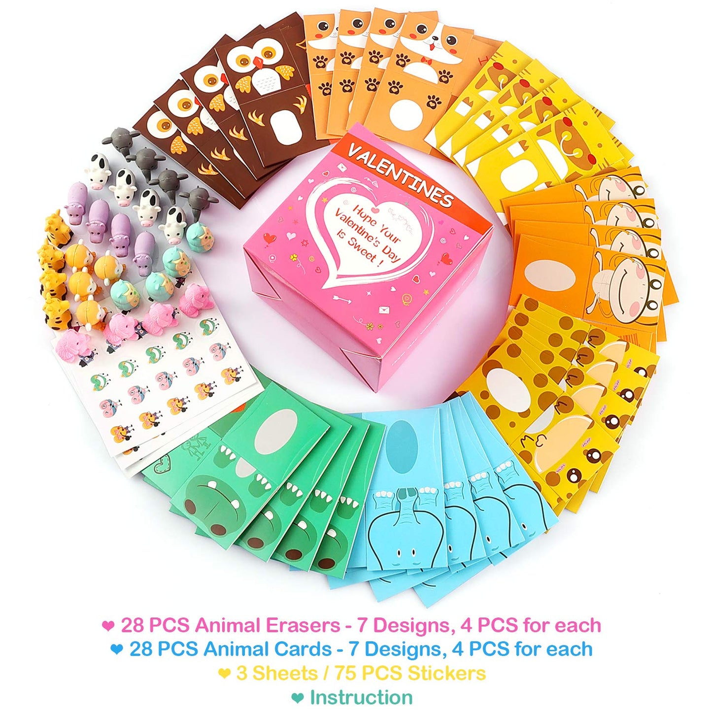 Valentines Day Cards for Kids 28 Pack 3D Animal Box with Puzzle Erasers - Perfect DIY Valentines Cards for Classroom School Games & Valentine Party Favors for Kids