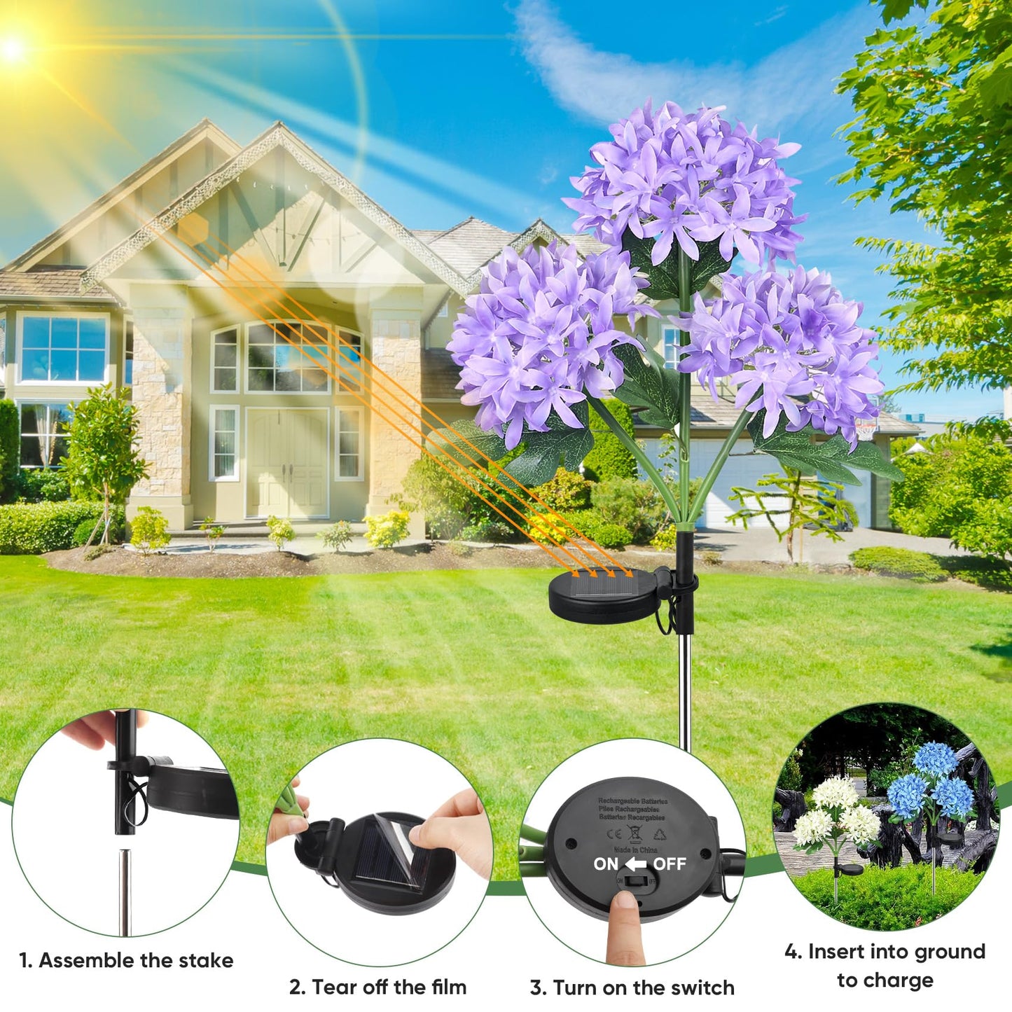 Decor 4 Pack Solar Lights, Solar Flowers Lights with 12 Enlarged Blooming Hydrangea Flowers Waterproof for Garden Yard Patio Lawn Backyard Pathway Gardening Gifts for Women Mom