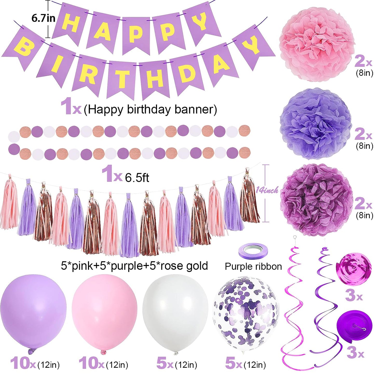 Purple Pink Party Decorations for Women Girls With Happy Birthday Banner, Hanging Swirls, Tissue Paper Pompoms, Circle Dots Garland, Tassel Garland, Purple Balloons