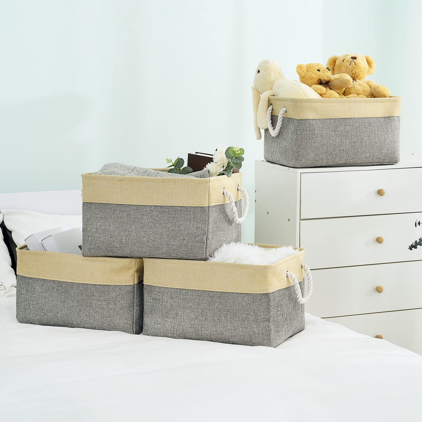Storage Basket - 15.7L×11.8W×8.3H 1 Pack Large Baskets for Organizing Shelves, Storage Bins for Clothes Book Shelf Home Fabric Storage Cubes (Gold and Grey)