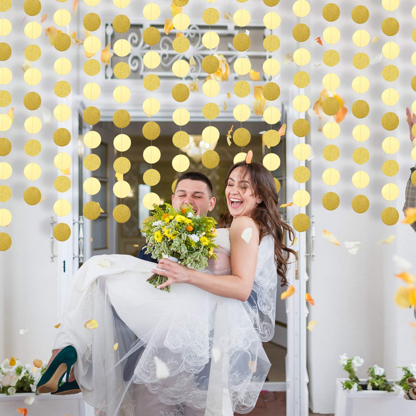 10 Pcs 131 ft Circle Dot Garlands Party Decorations Glitter Hanging Streamers Decor Banner Backdrop for Birthday Wedding Graduation Baby Shower Engagement Party(Gold)