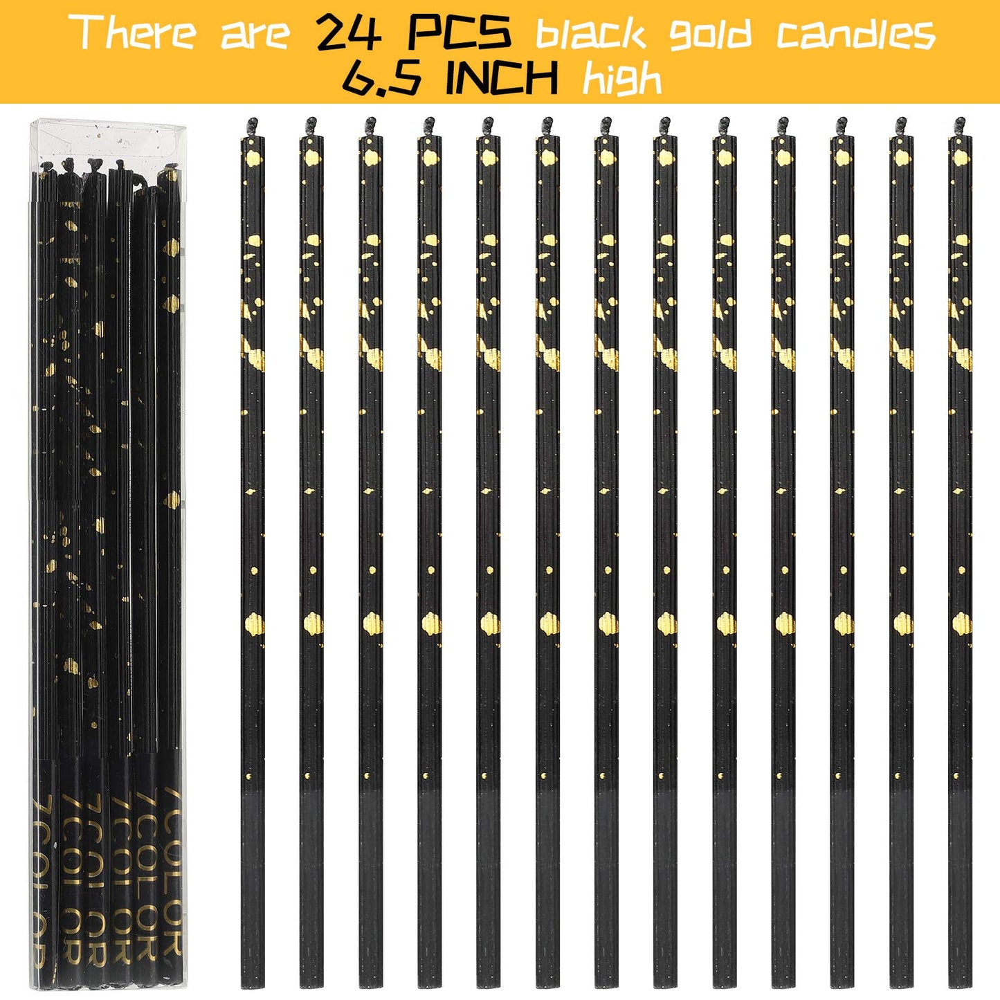 24 Pack Long Thin Birthday Candles for Cakes, Cupcakes, Weddings, Anniversaries, Graduations, Retirement Parties - Decorative Cake Candles for All Celebrations(Black Gold)