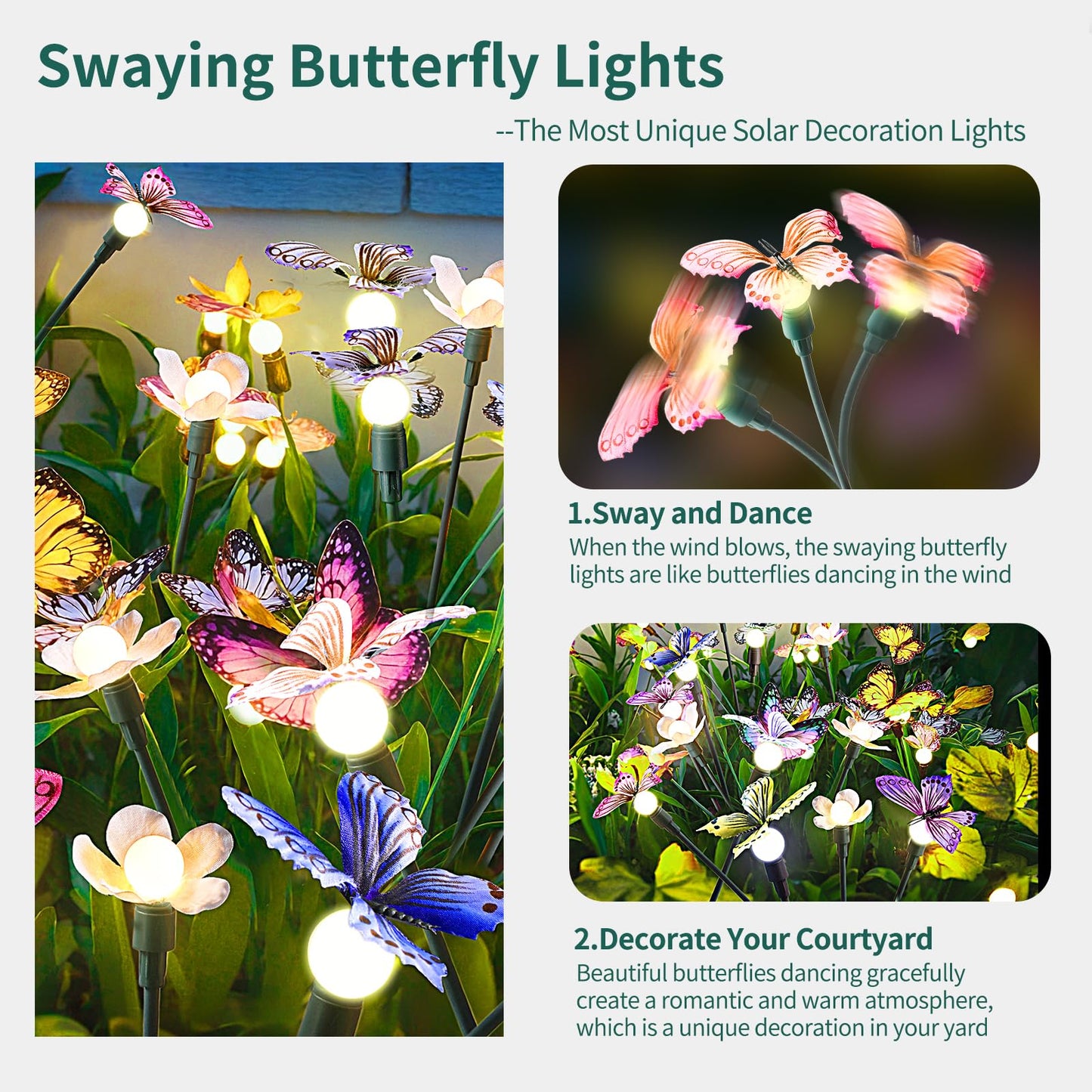 Solar Garden Lights,4packs-32LED Outdoor Solar Powered Decor for Yard, Patio, Pathway, IP65 Waterproof Butterfly Lights