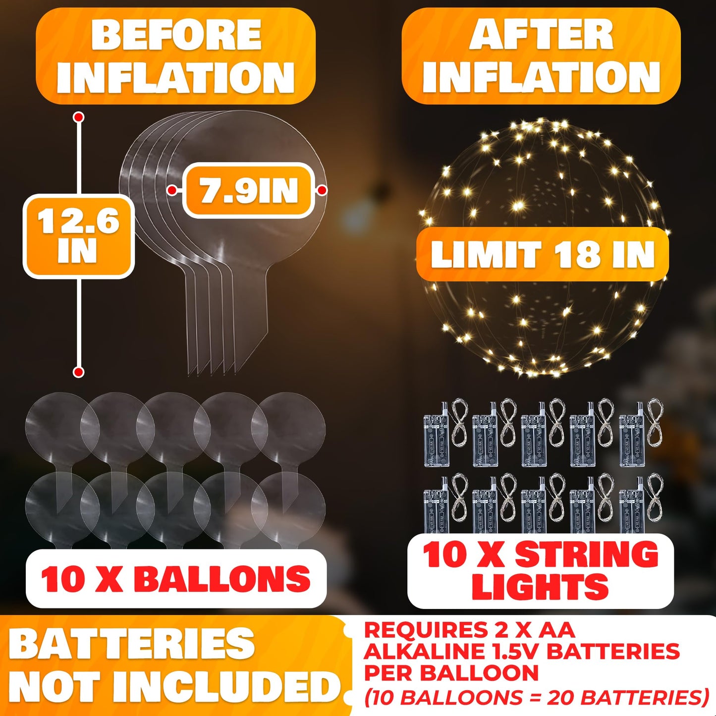 10 Pcs LED Balloons Light Up Balloons for Parties – Clear & Elastic Expands Up to 18" with Gold String Lights & Individual Switch – Glowing Party Decorations for Indoor & Outdoor Events