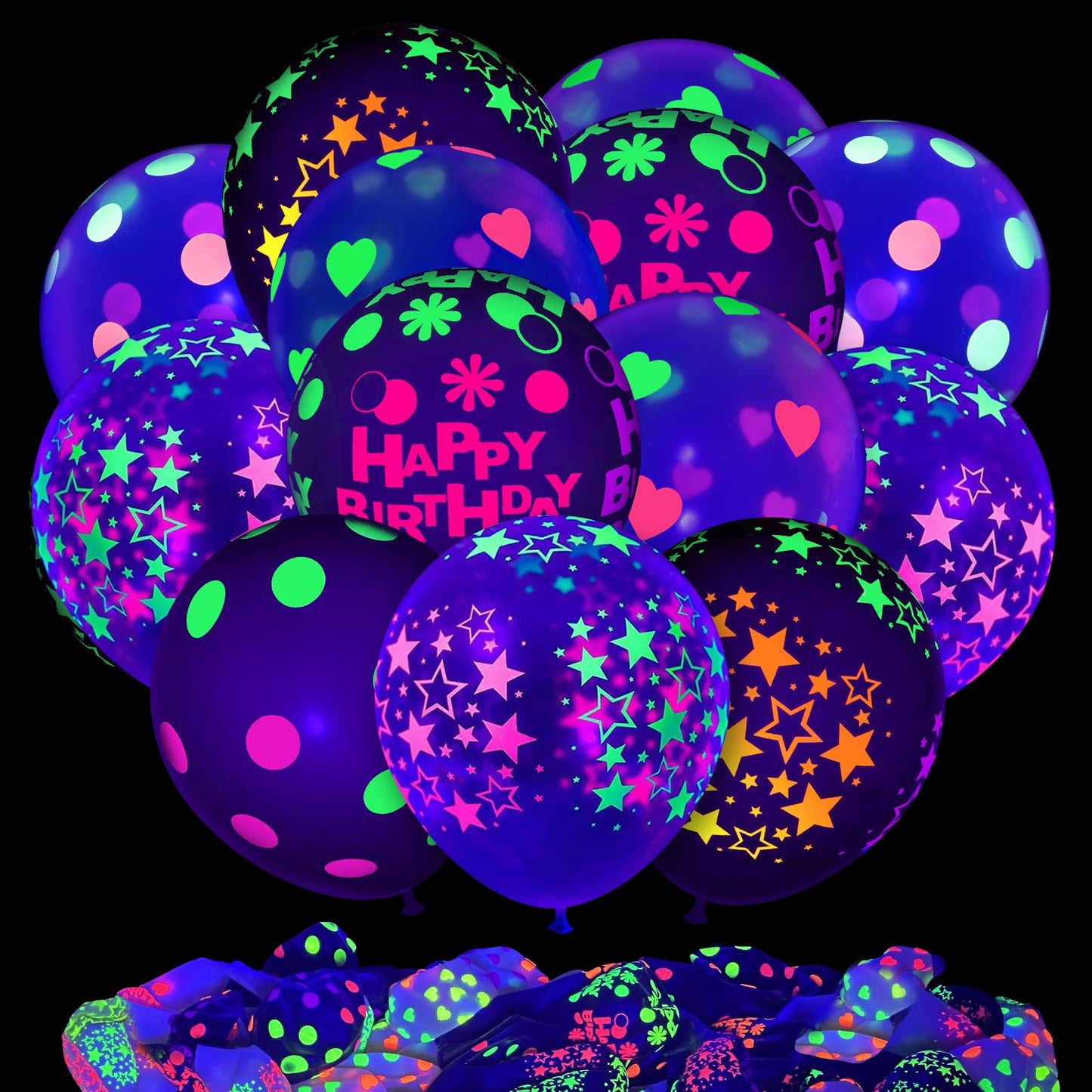 60 Pcs UV Neon Balloons, 14 Inch UV Black Light Balloons Glow in the dark for Birthday Decorations Wedding Glow Party Supplies Blacklight Carnival