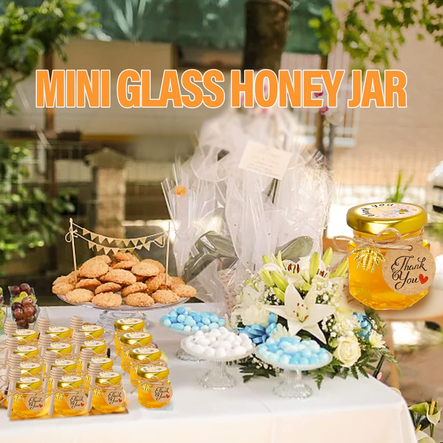 Mini Glass Honey jars-1.5 oz,30 pcs Hexagon Honey Jars with Wooden Dipper,Gold Lid,Bee Pendant,Rope,Mini Honey Jars with Dipper,Perfect for Baby Shower,Wedding Favors,Party Favors