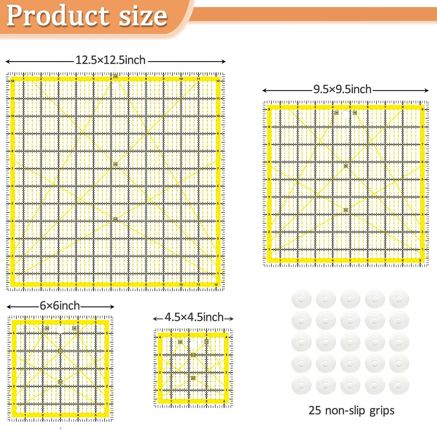 4 Piece Quilting Ruler,Acrylic Square Ruler,Quilting Templates,with Non Slip Rings 25 Pieces(4.5“X4.5”、6“X6”、9.5“X9.5”、12.5“X12.5”)