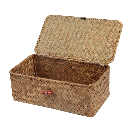 Wicker Shelf Baskets with Lid,Handwoven Seagrass Basket for Storage Basket Bins Rectangular Home Organizer Gift Boxes (Natural Small)
