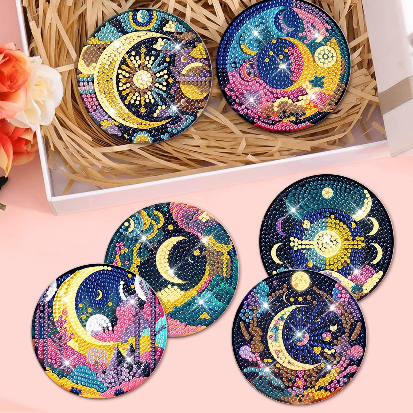 8 PCS Mystical Moon Diamond Art Coasters Diamond Art Coasters Kits with Holder Mystical Moon DIY Coasters for Beginners, Adults, Kids, Diamond Art Crafts Supplies