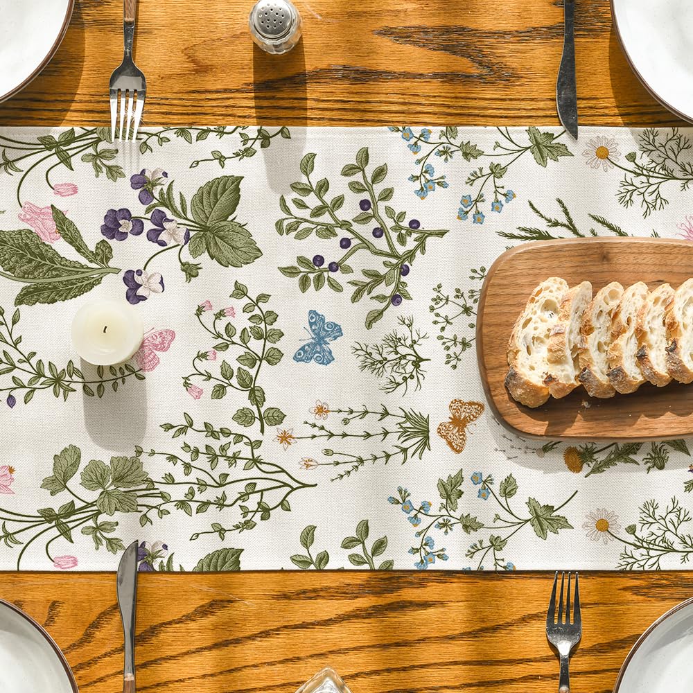 Wildflowers Floral Spring Table Runner, Seasonal Summer Butterfly Kitchen Dining Table Decoration for Home Party 13x72 Inch
