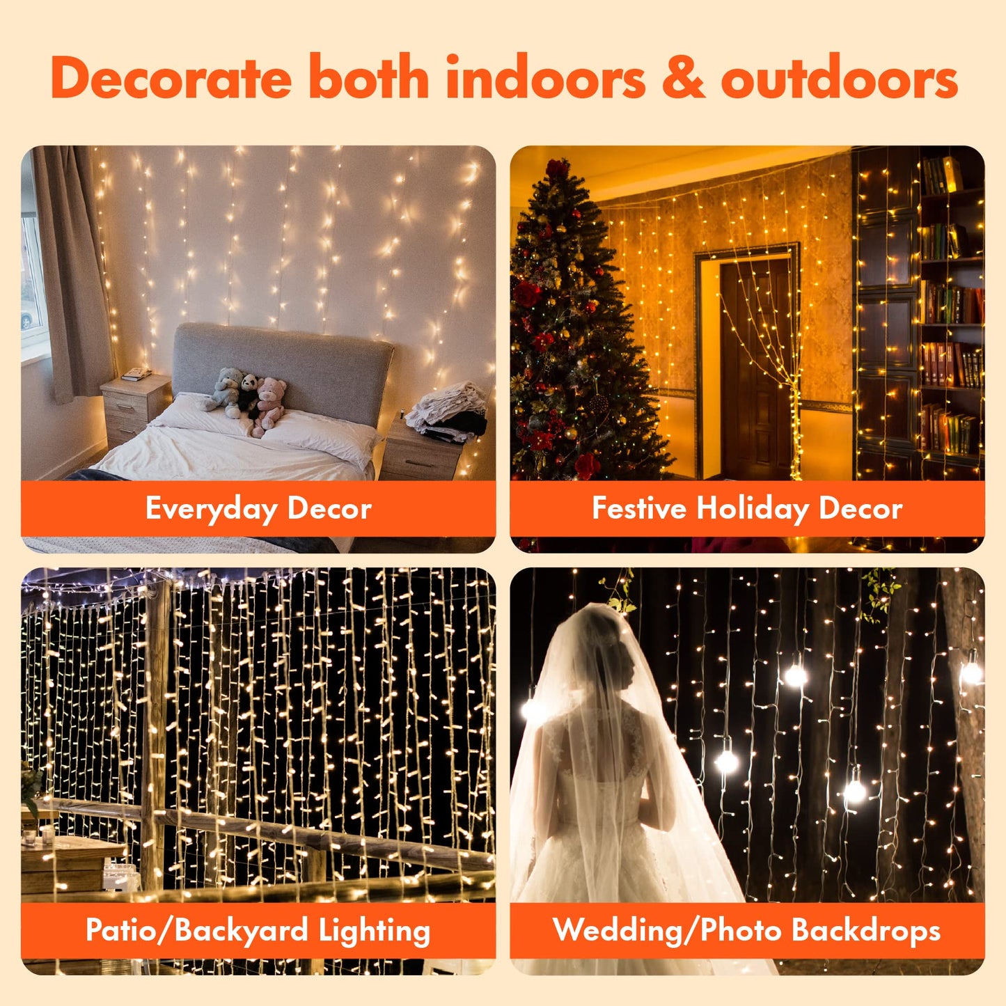 300 LED Window Curtain String Light Wedding Party Home Garden Bedroom Outdoor Indoor Wall Decorations, Warm White