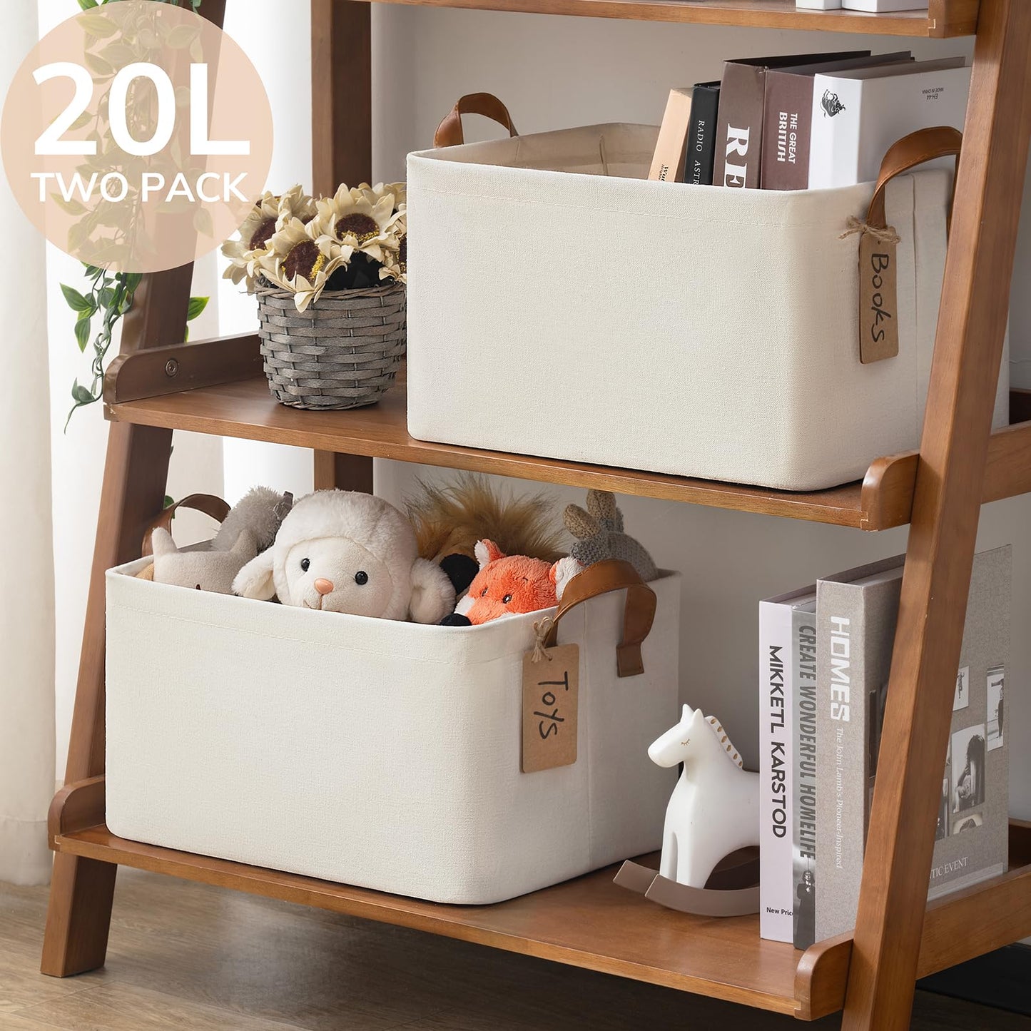 Storage Bins for Shelves, Closet Bins for Organization, Collapsible Storage Baskets for Towels, Rectangle Basket for Bedroom, 14 ¾" L x 10 ¼" W x 8 ¼" H, Beige, 2-Pack