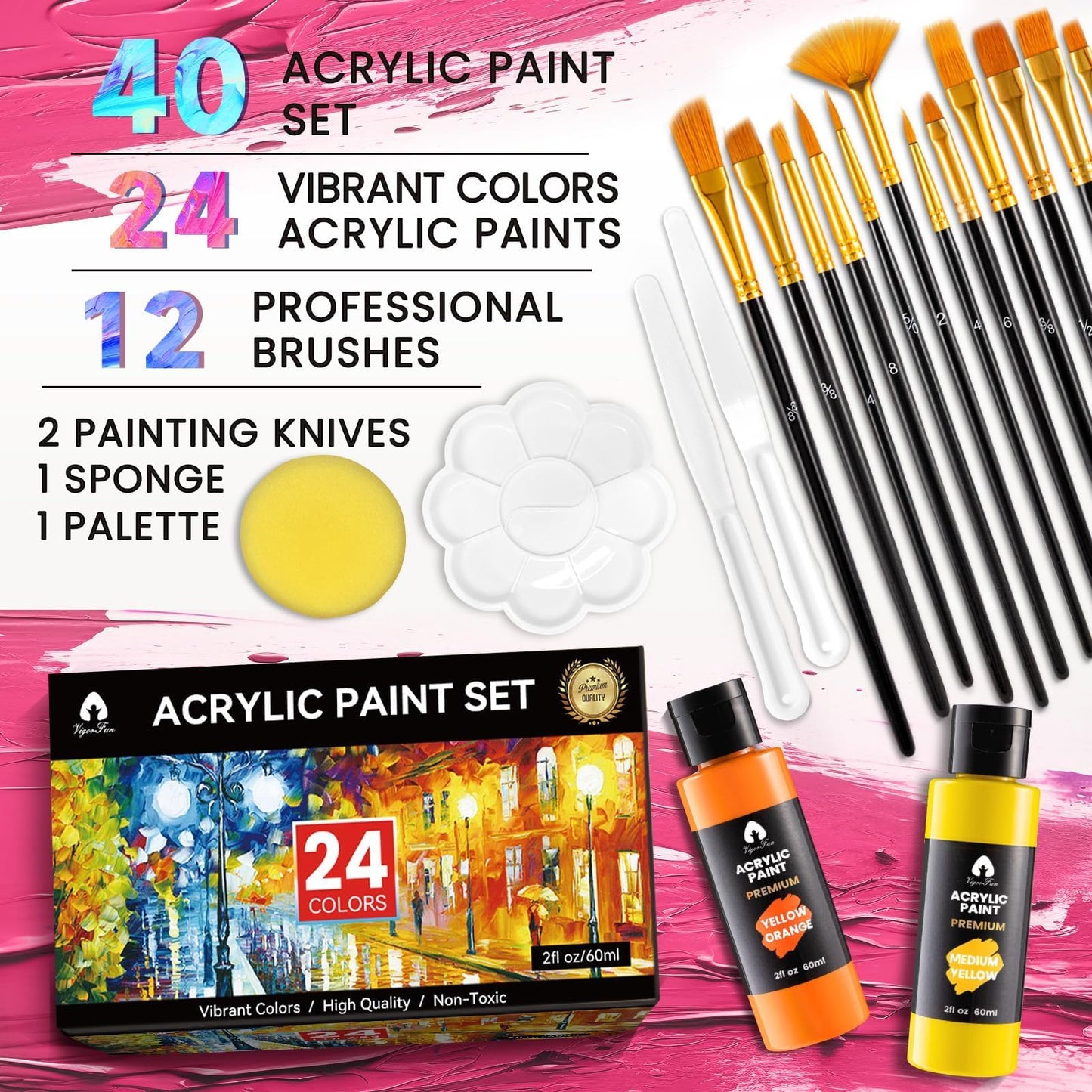 40 Pcs Acrylic Paint Set with 12 Brushes, 2 Knives & Palette - 24 Colors (2oz/60ml) for Adults, Kids, Artists & Beginners - Easter Basket Stuffers, Rock & Egg Painting Kit
