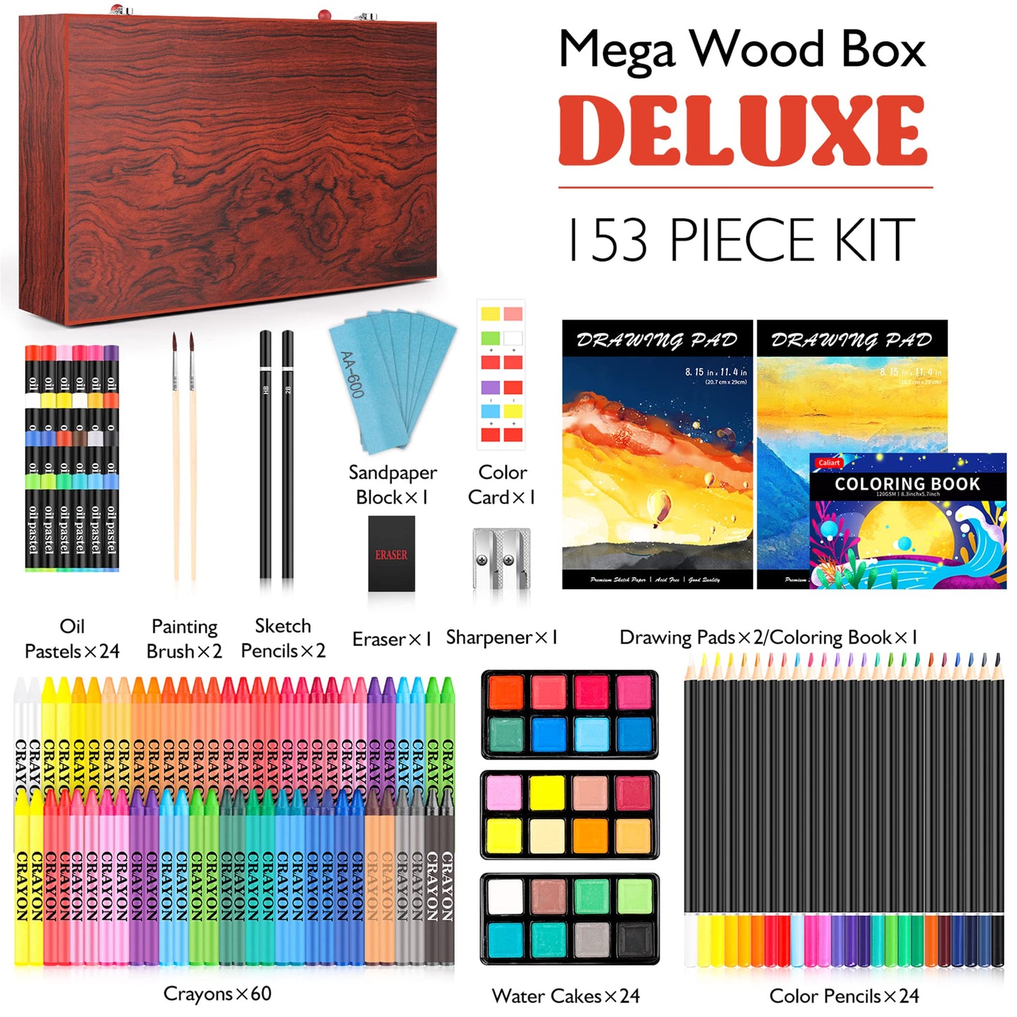 153-Pack Deluxe Wooden Art Set Crafts Drawing Painting Coloring Supplies Kit with 2 A4 Sketch Pads, Halloween Creative Gift Box for Adults Artist Beginners Kids Girls Boys
