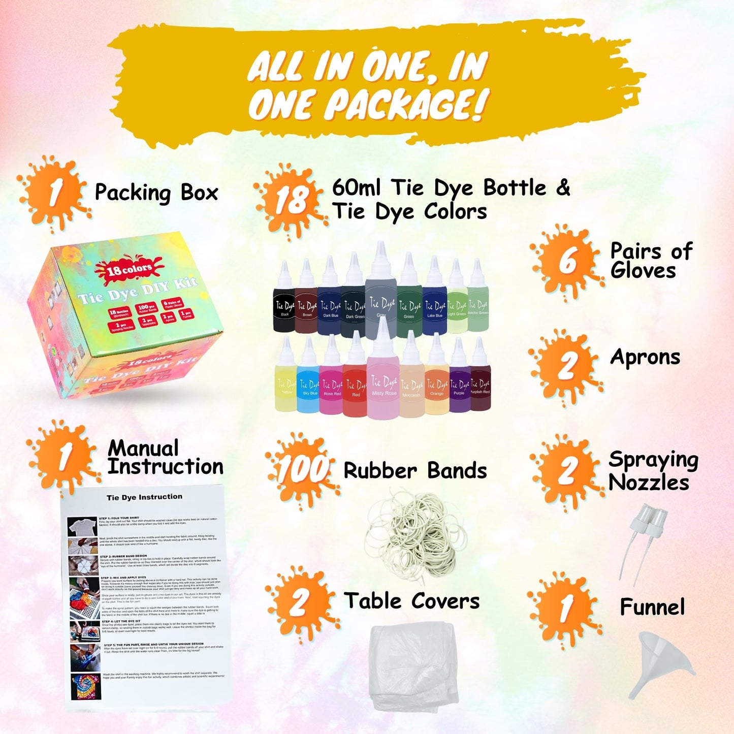 Tie Dye Kit for Kids & Adults - Complete DIY Tie Dye Set w/Tie Dye Powder in Tie Dye Refill Packets -Fun Kids Tie Dye Kit w/Nozzle Spray Tie Dye Kit for Fabric - Dye for Clothing (Pack of 18, 60 ml)