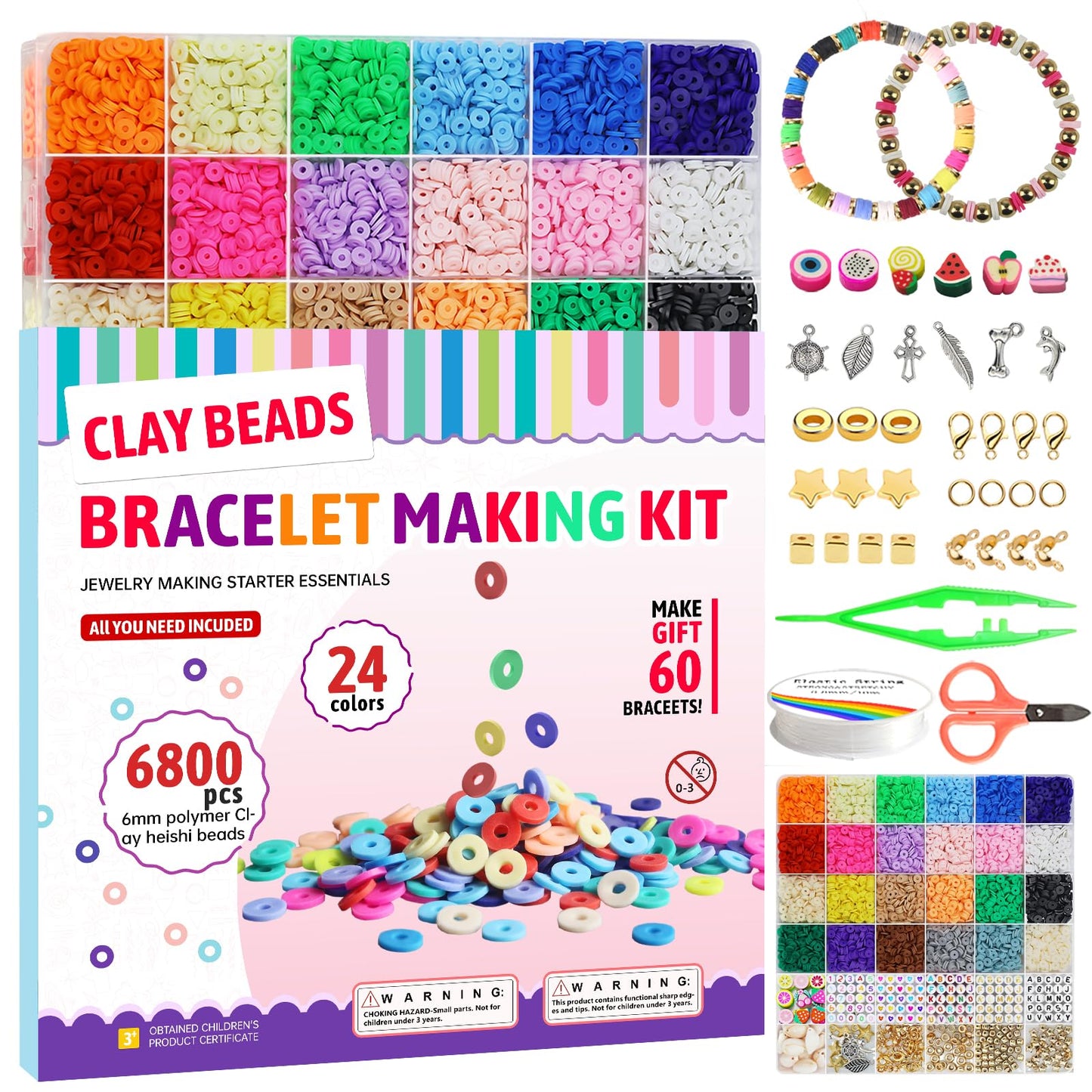6800 pcs Clay Beads Bracelet Making Kit, Friendship Bracelet Kits Flat Beads for Jewelry Making, Polymer Heishi Set for Bracelet Necklace DIY Crafts Gift for Girls Ages 6-12