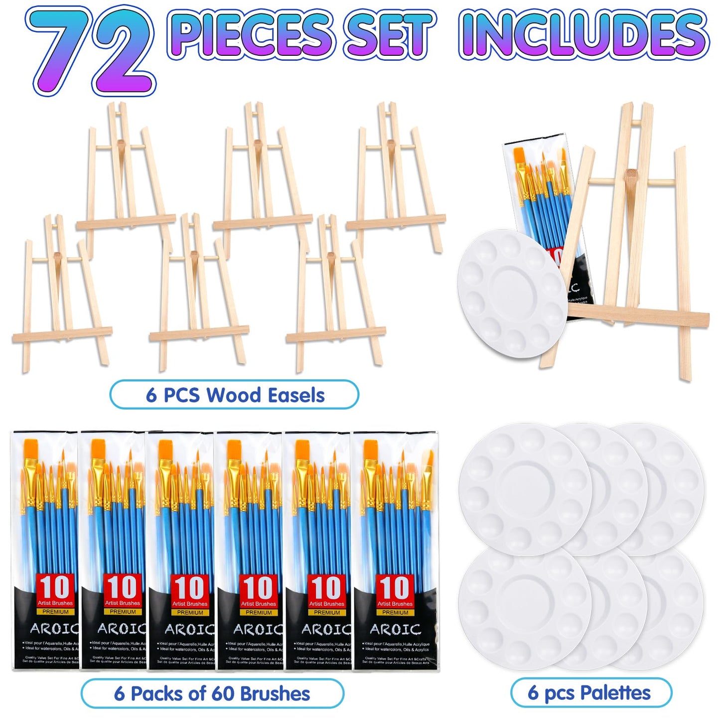 72 PCS Professional Painting Set with Easels, 6 PCS Wood Easels,6 Packs of 60 Brushes with Nylon Brush Head and 6 pcs Palettes, Painting Supplies kit for Kids & Adults to Painting Party.