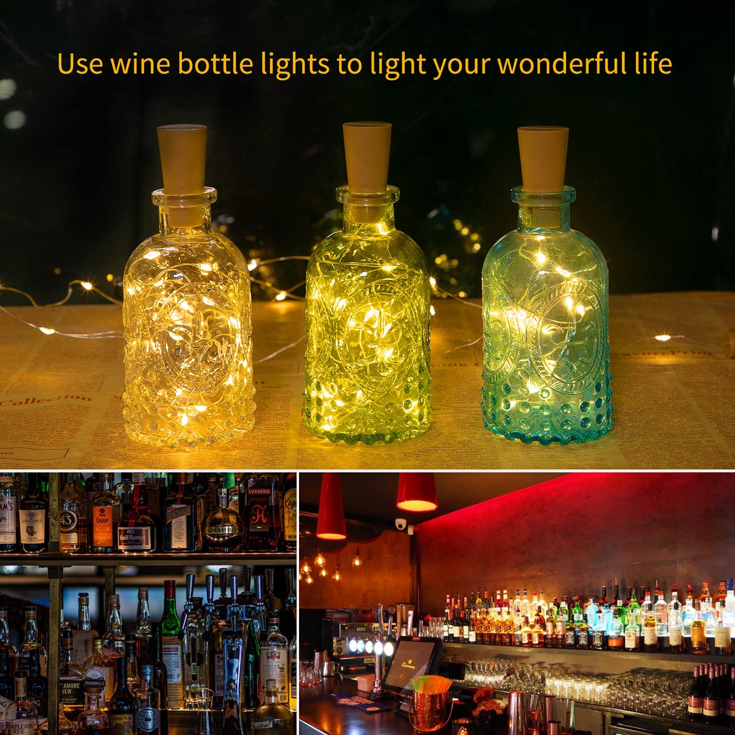 Wine Bottle Lights with Cork, 10 Pack 20 LED Waterproof Battery Operated Cork Lights, Silver Wire Mini Fairy Lights for Liquor Bottles DIY Party Bar Christmas Wedding Décor