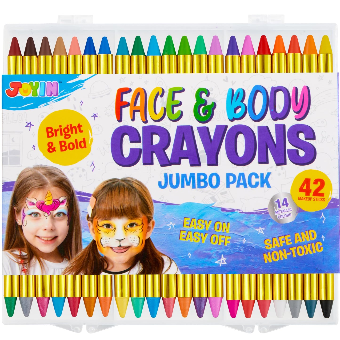 42 PCS Face and Body Paint Crayons, Face Painting Kit Safe and Non-Toxic Ultimate Party Pack Including 14 Metallic Colors for Birthday Makeup Party Supplies, Festivals, Gifts for Kids Girls Boys