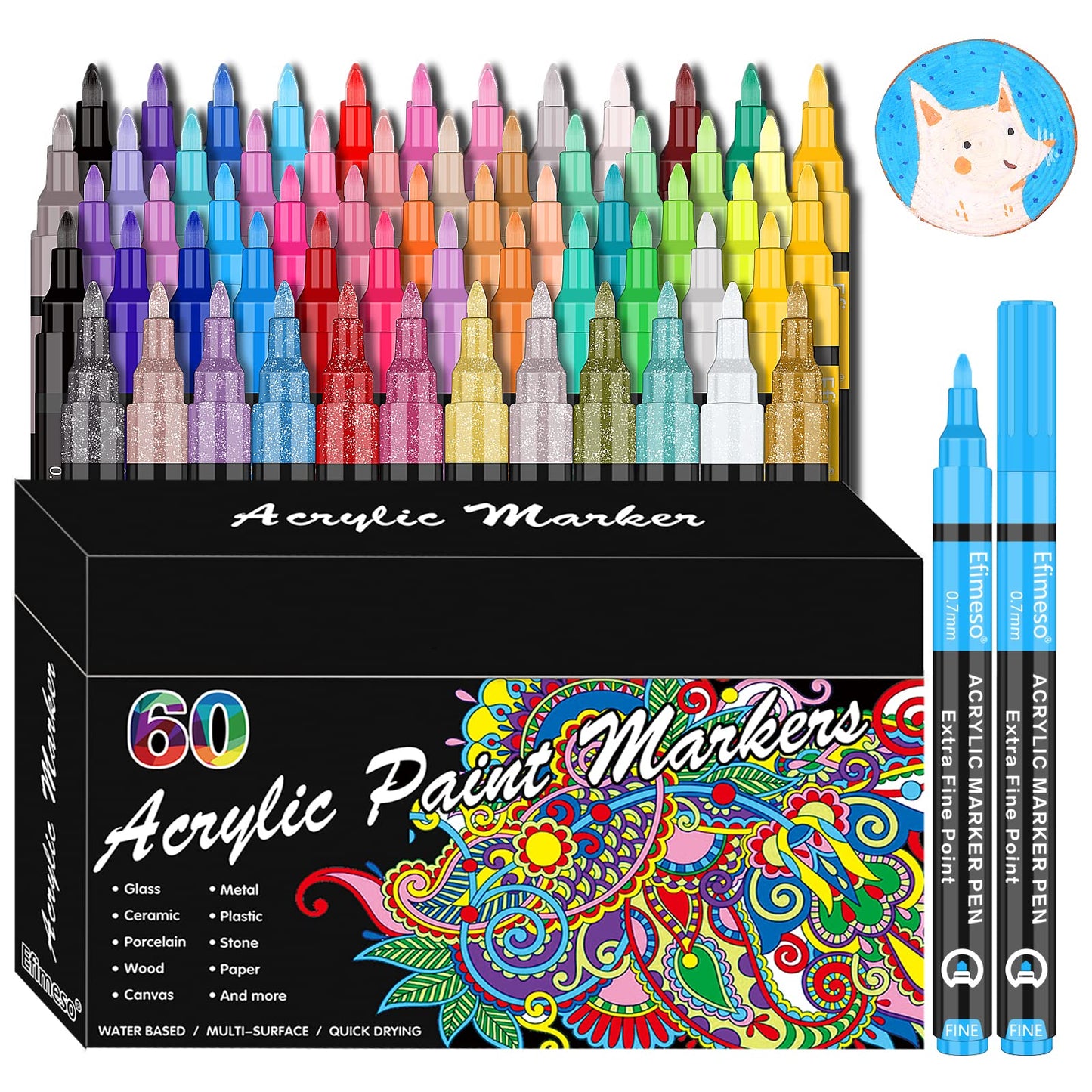 Acrylic Paint Pens, 60 Colors Acrylic Paint Marker, 0.7mm Extra Fine Paint Pens for Canvas, Rock Painting, Wood, Glass, Metal, Ceramic, stone
