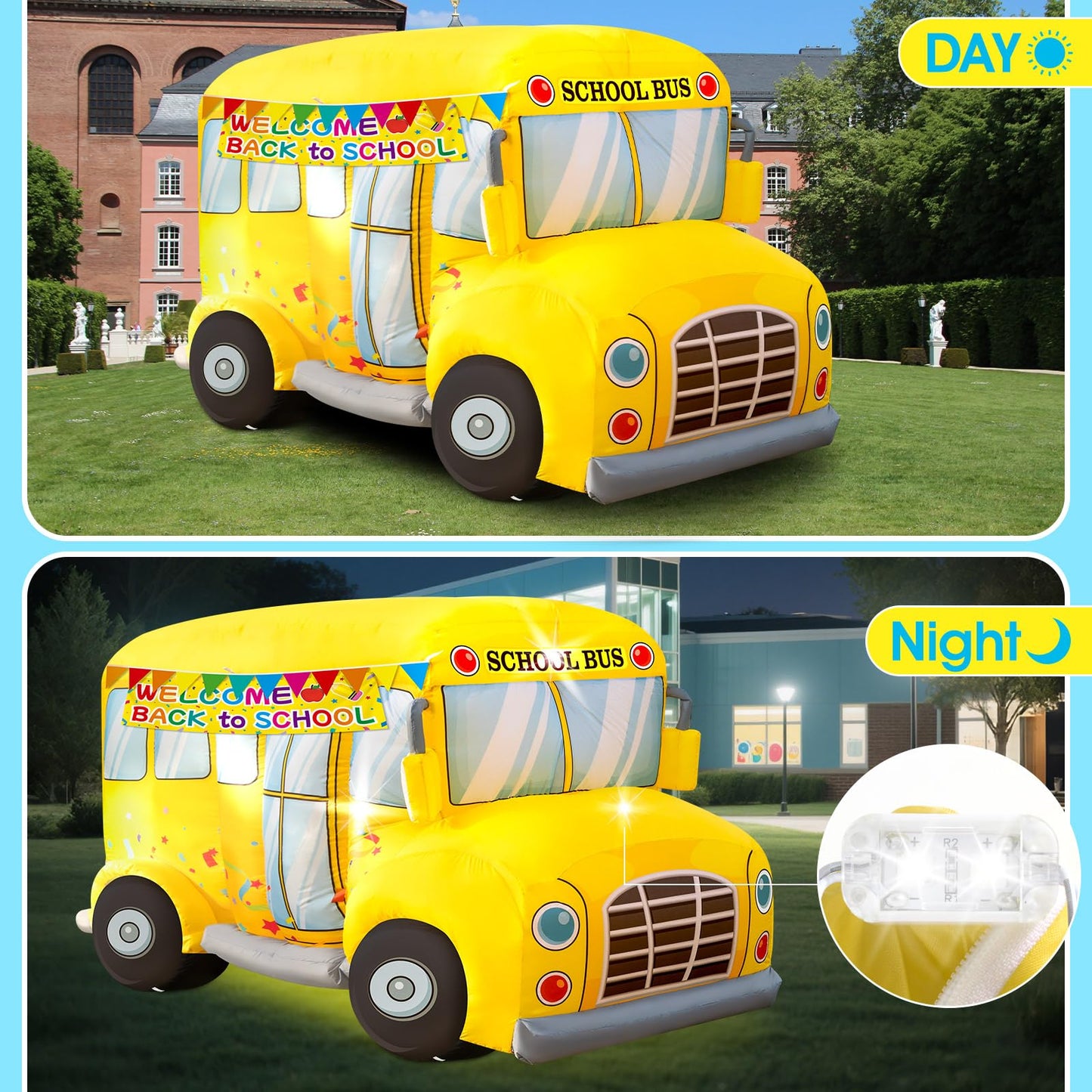 7.5 FT School Bus Inflatables Decorations Welcome Back to School Outdoor Decoration with 3 LED Lights and Banner First Day of School Party Lawn Yard Signs Decor for Kindergarten Preschool