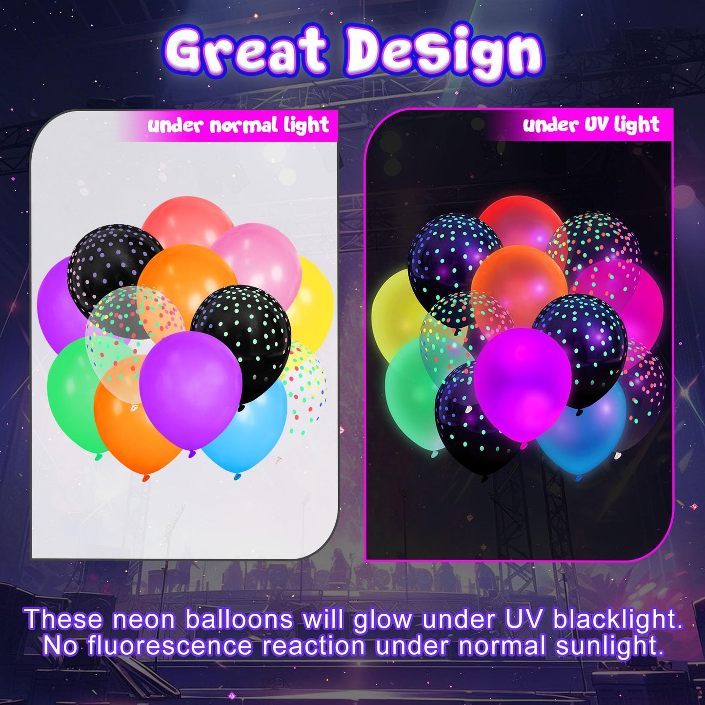 3 otters 66PCS Glow Balloons Assorted Colors, 12"" UV Neon Balloons with Small Dots Neon Glow in the Dark Balloons Fluorescent Balloons for Birthday Wedding Glow Party Supplies, Medium, HSHD2969