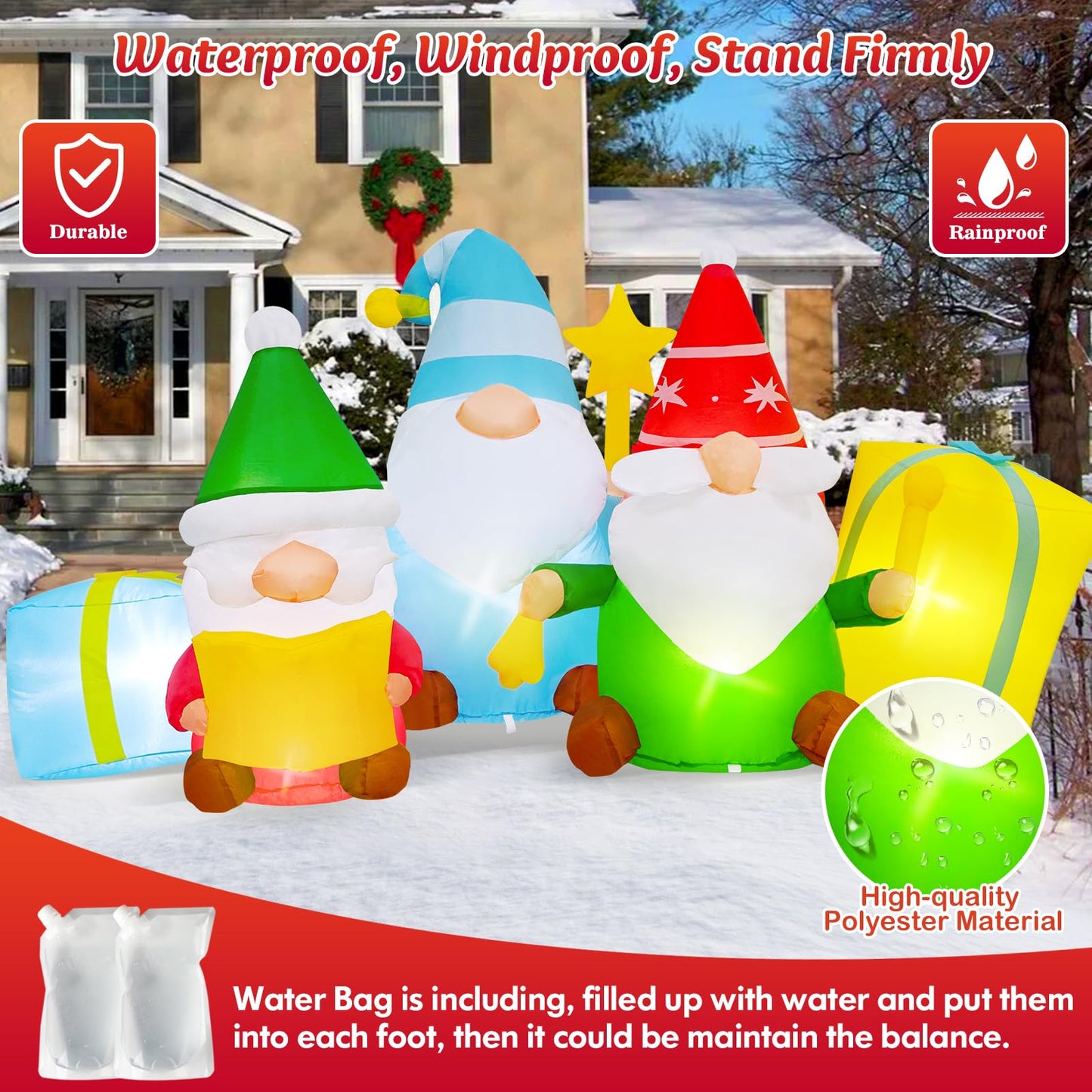 6 FT Long Christmas Inflatables 3 Gnomes Reading The Bible and Ringing The Bell Outdoor Decorations, Build in LEDs Inflatable Christmas Gnome Blow Up Yard Décor Holiday Xmas Indoor Patio Lawn