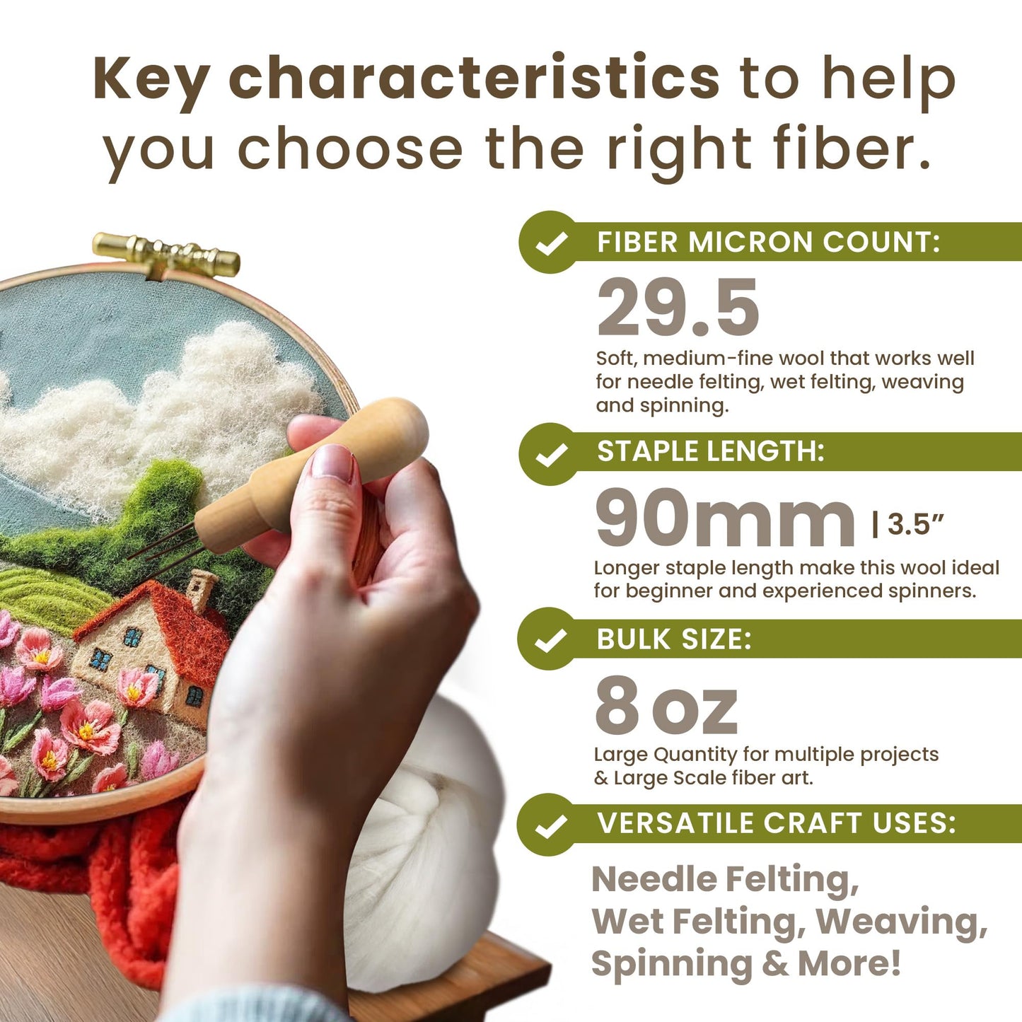 Wool Roving Top – 8 OZ Natural Corriedale, Bulk Pack, Best Core Wool for Needle Felting Wool, Wool Felting, Dryer Balls, Yarn Roving - Ethically Sourced, Processed in USA - White Ecru, 29.5 Micron