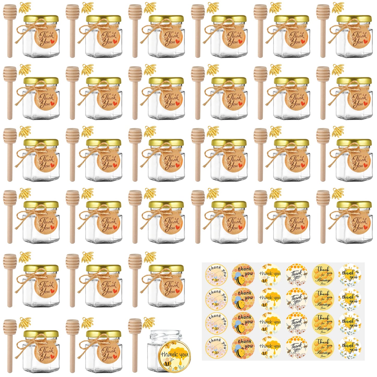 Mini Glass Honey jars-1.5 oz,30 pcs Hexagon Honey Jars with Wooden Dipper,Gold Lid,Bee Pendant,Rope,Mini Honey Jars with Dipper,Perfect for Baby Shower,Wedding Favors,Party Favors