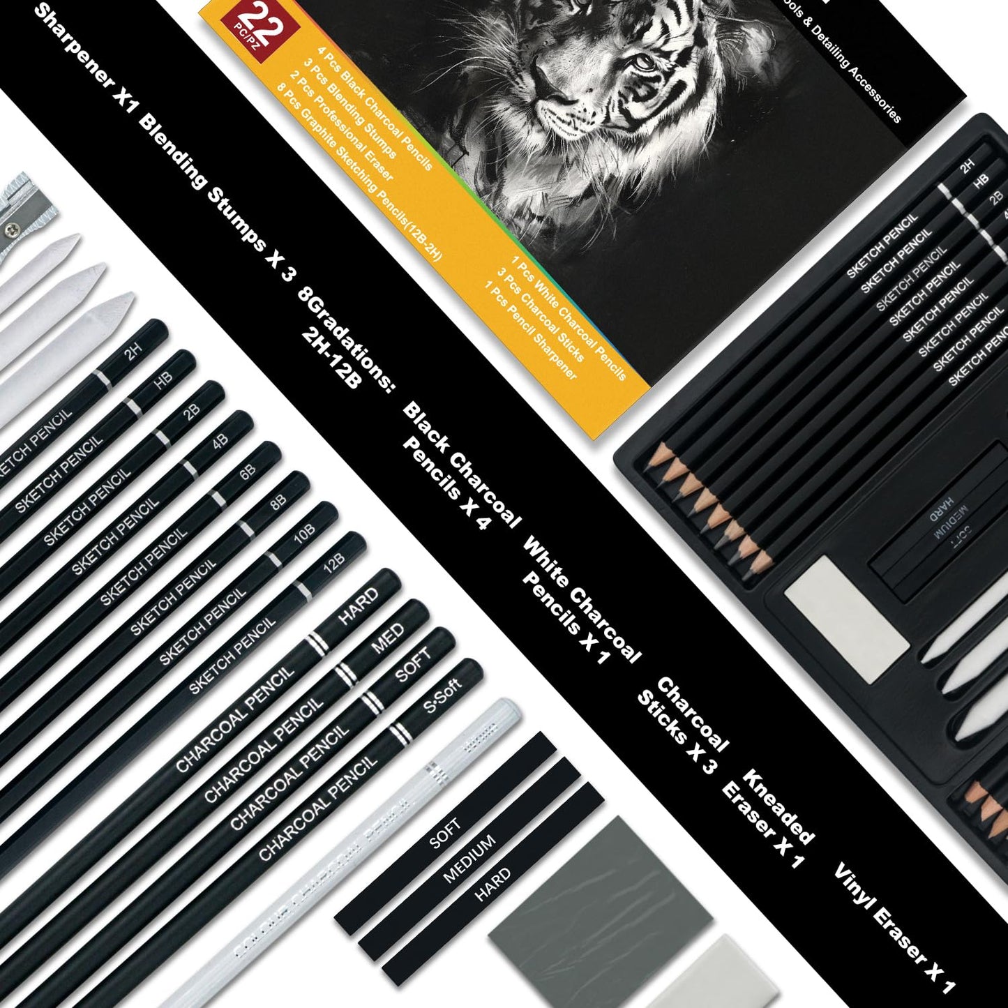 Pencils for Drawing, Set of 22, Professional Drawing Sketch Pencils, Art Supplies for Sketching, Shading, Artist Charcoal Supplies for Beginners & Pro Artists.
