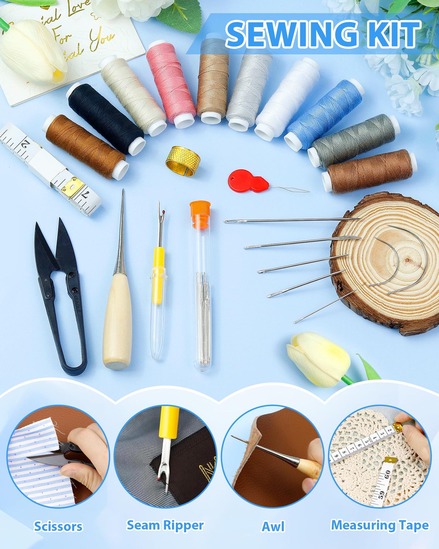 Upholstery Repair Sewing Kit: 47 Pieces Heavy Duty Sewing Kit with Sewing Awl, Seam Ripper, Leather Hand Sewing Stitching Needles, Sewing Thread for Car, Sofa, Backpack, Shoe, Craft DIY