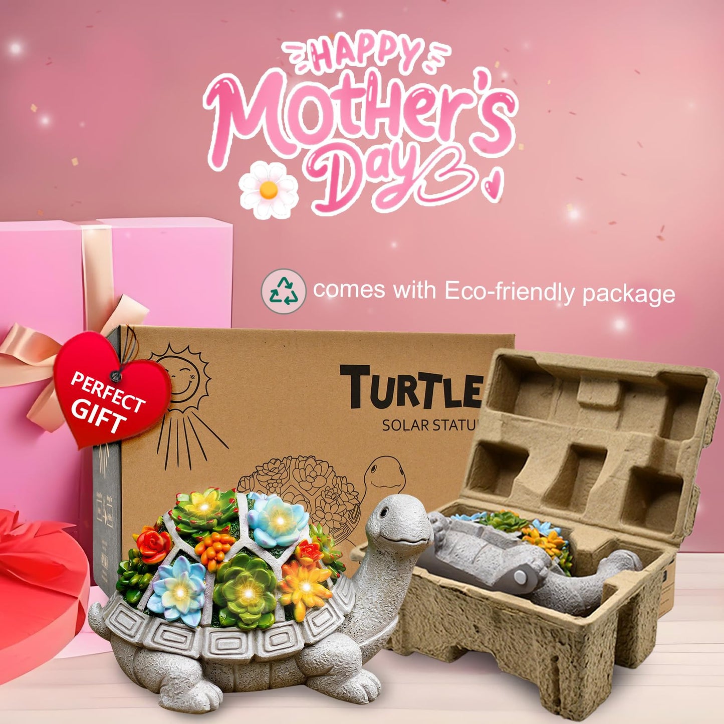 Solar Garden Outdoor Statues Turtle with Succulent and 7 LED Lights - Lawn Decor Tortoise Statue for Patio, Balcony, Yard Ornament - Unique Housewarming Gifts