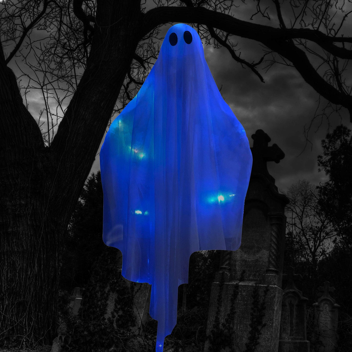 Halloween Hanging Light up Ghost with Spooky Blue LED Light, 47” White Ghosts Halloween Hanging Decoration for Front Yard Patio Lawn Garden Party Decor Indoor Outdoor