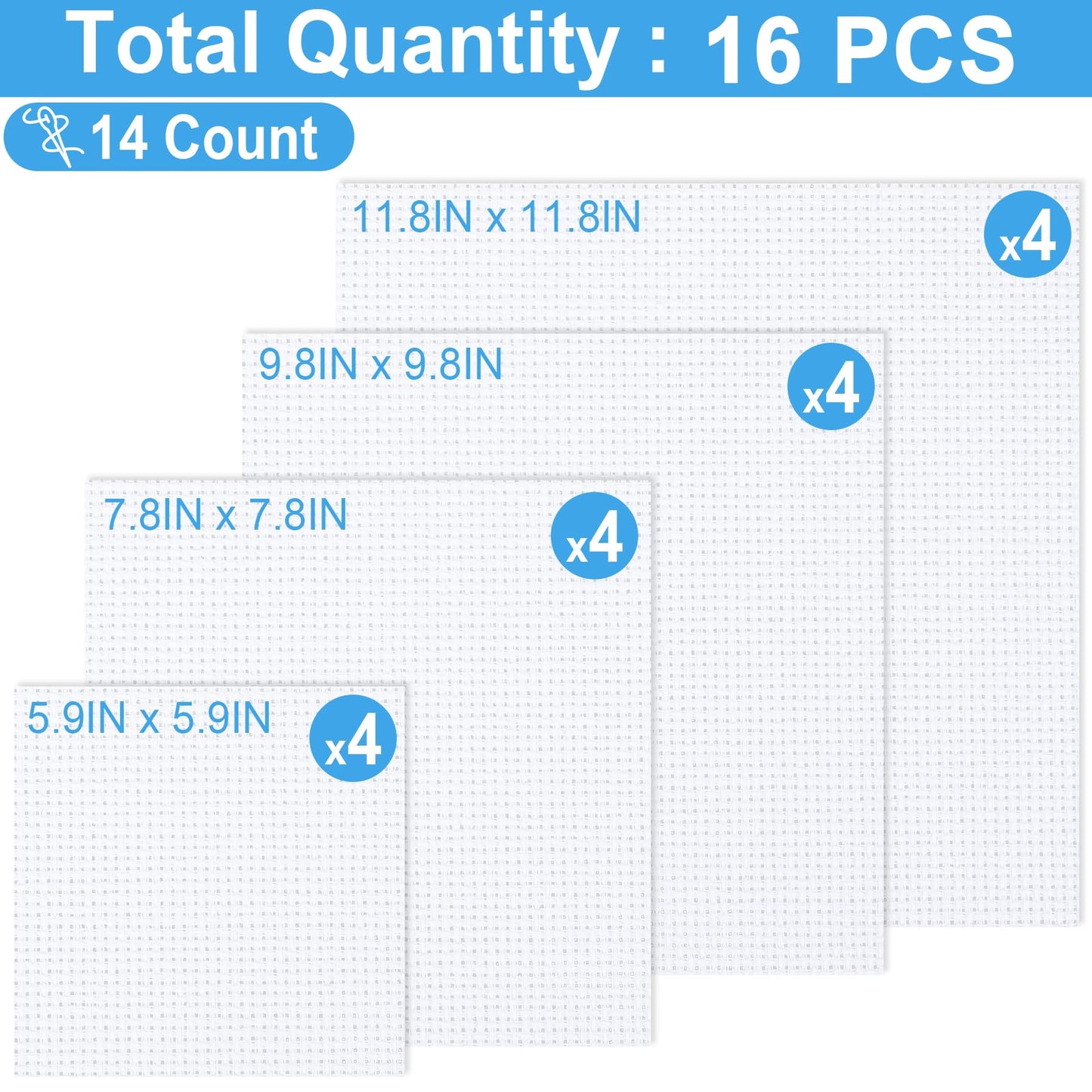16PCS Cross Stitch Fabric, 4 Sizes White Aida Cloth 14 Count Craft Embroidery Cloth Classic Reserve Cross Stitch for Home DIY Handmade Needlework Embroidery Decoration, 5.9 to 11.8 inch