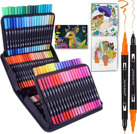 120 Color Dual Tip Art Markers for Kids Adults, Permanent Sketch Markers for Artists, with Organizing Case, Black Liner and Pad, for Illustration Designing Drawing (120)