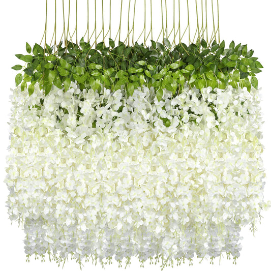 Wisteria Hanging Flowers 24 Pack Fake Flower Garland Artificial Wisteria Vines Rattan Silk Flower String Wedding Party Wall Decorations,White