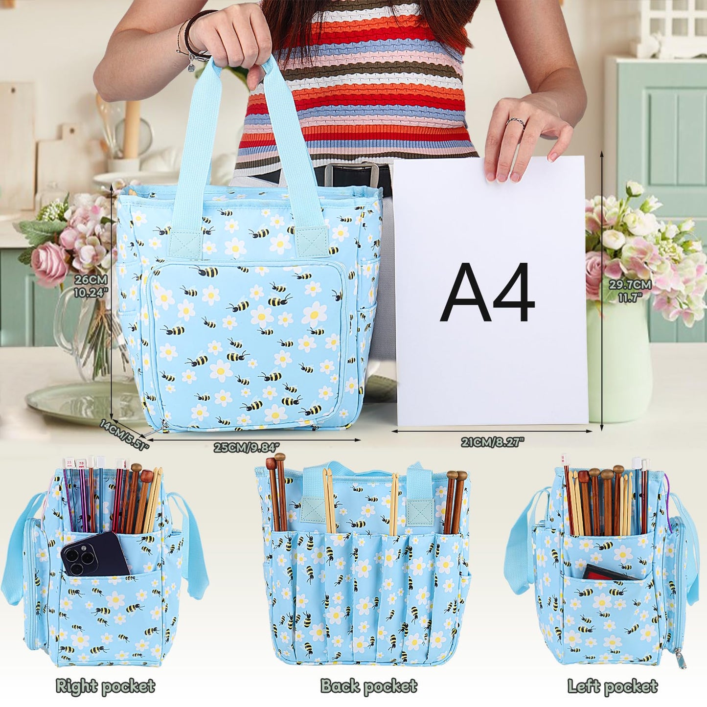 Portable Crochet Bag Organizer, Yarn Storage Organizers and Storage Organized for Crochet Hooks, Knitting Needles, Skeins of Yarn, Knitting & Crochet Supplies, Bees & Flowers (No Accessories)