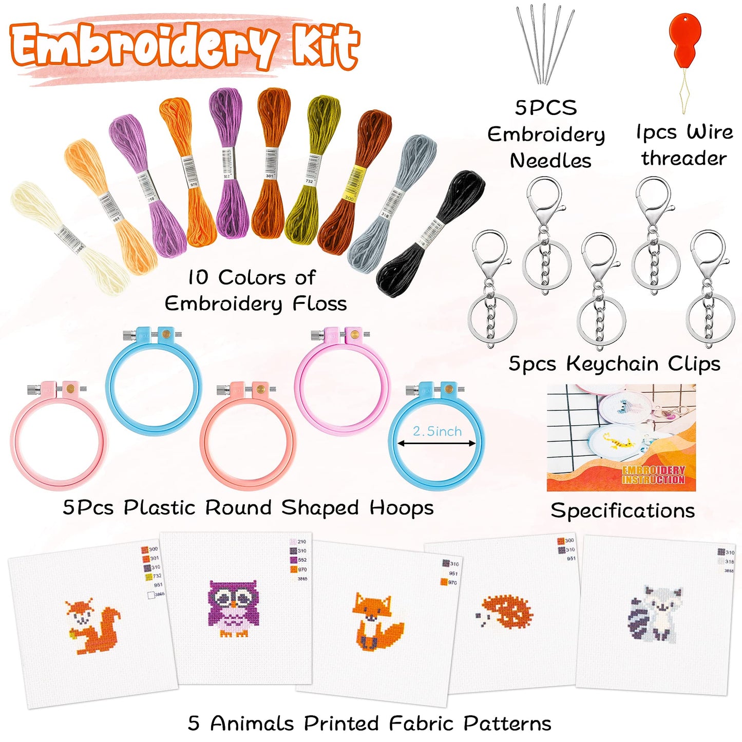 5Pcs Embroidery Kit for Kids Stamped Cross Stitch DIY Key Chain with Woodland Animal Patterns Needlepoint Starter Kits Craft Supplies for Beginners Adults Schoolbag