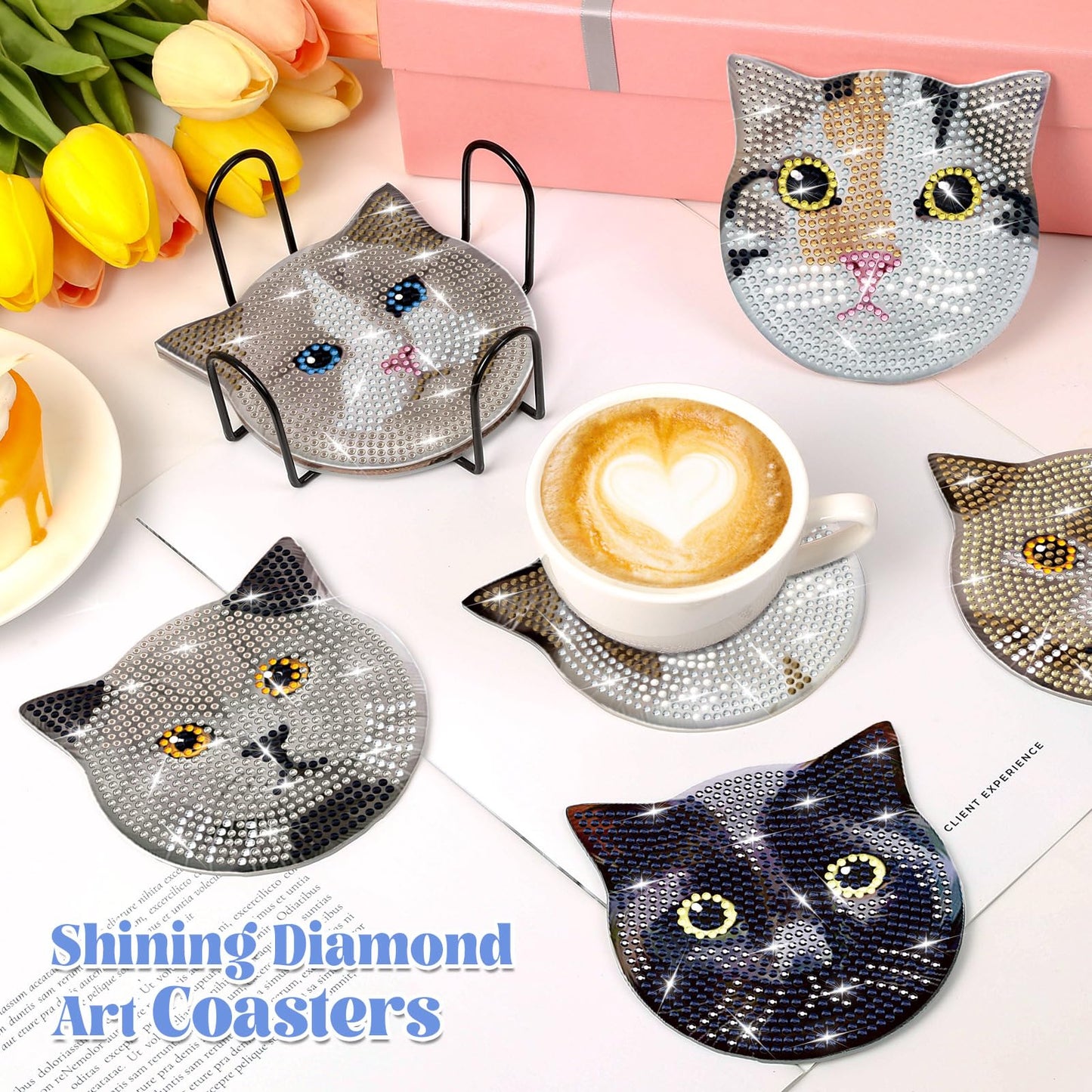 8 Pieces Diamond Art Painting Coasters Kit with Holder, Diamond Art Coasters, DIY Diamond Art Crafts Projects, Diamond Dot Kits for Adults and Beginners(Cat Style)