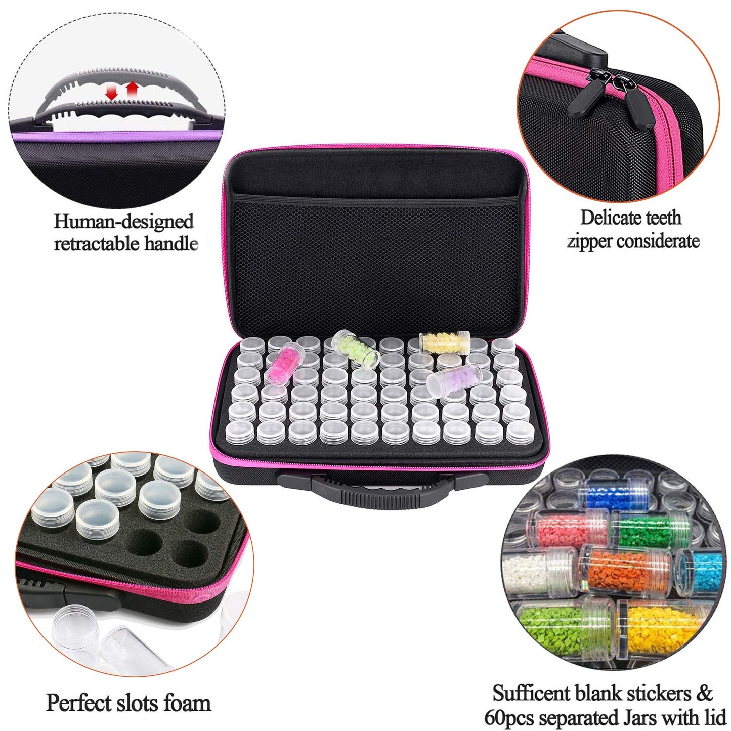 Diamond Painting Storage Containers, 60 Slots Diamond Art Accessories and Tools, Diamond Art Organizer with Diamond Painting Kits Shockproof Jars for Jewelry Beads (Pink)